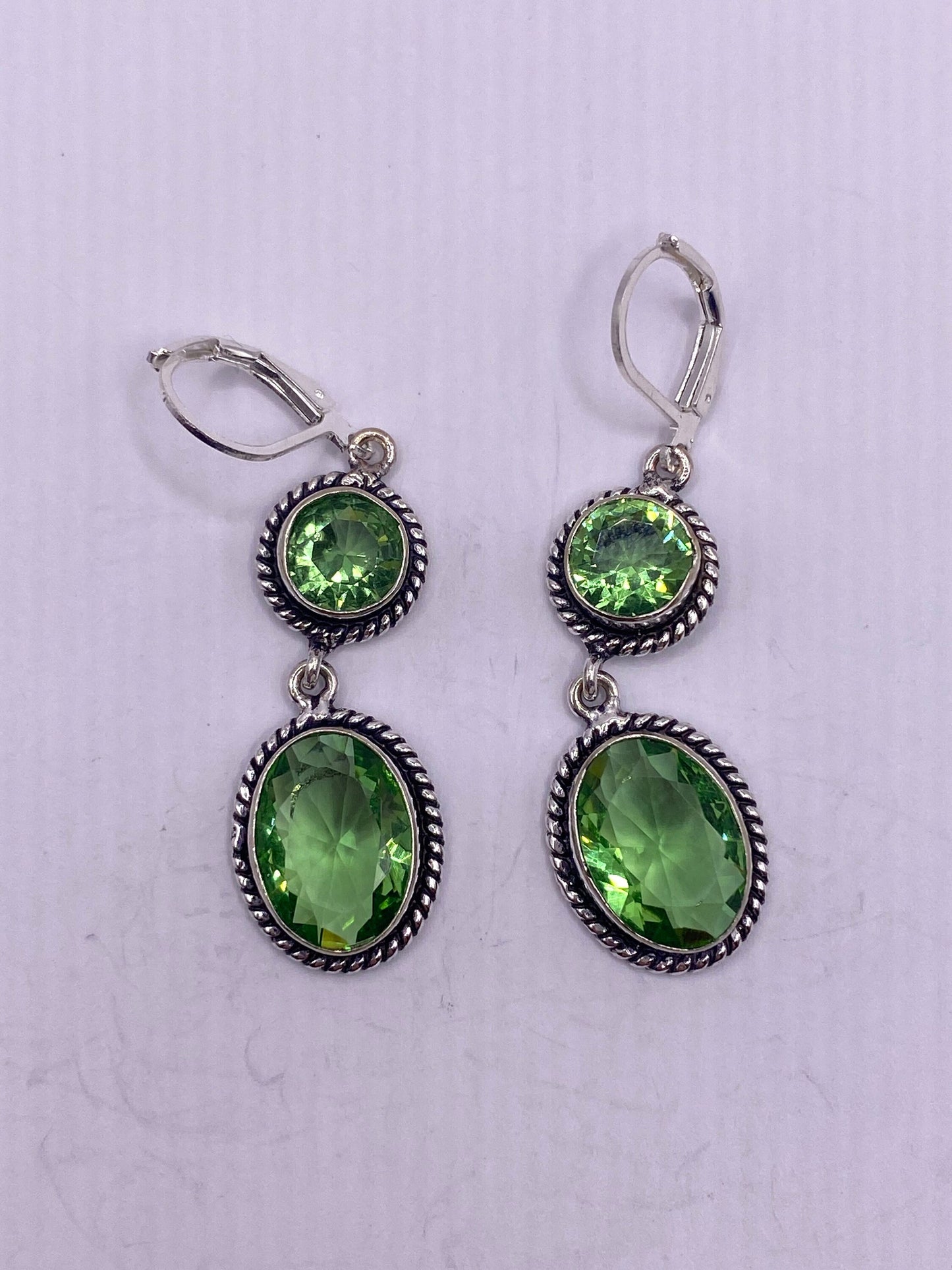 Antique Vintage Green Peridot Glass Silver Dangle Earrings