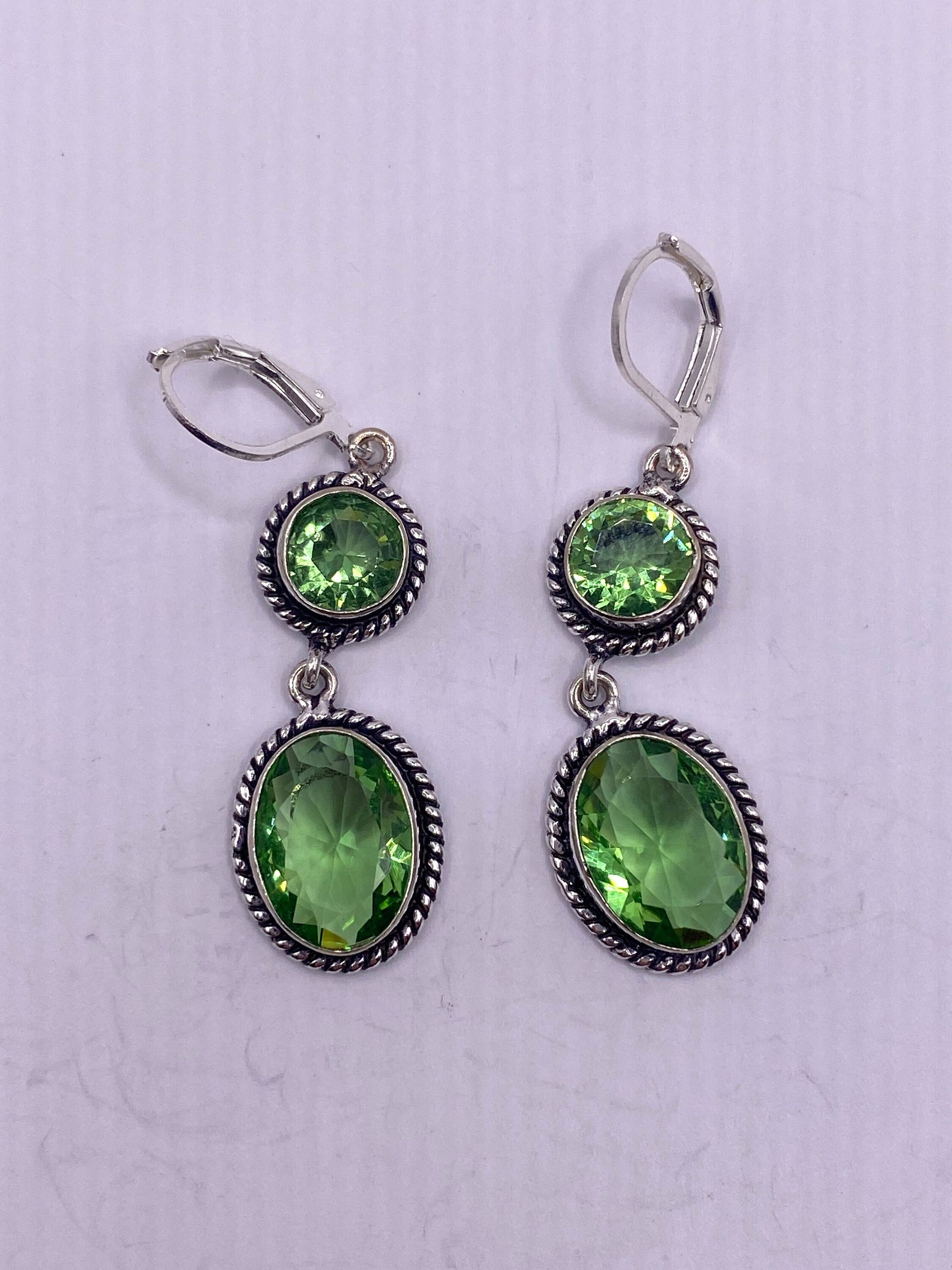 Antique Vintage Green Peridot Glass Silver Dangle Earrings