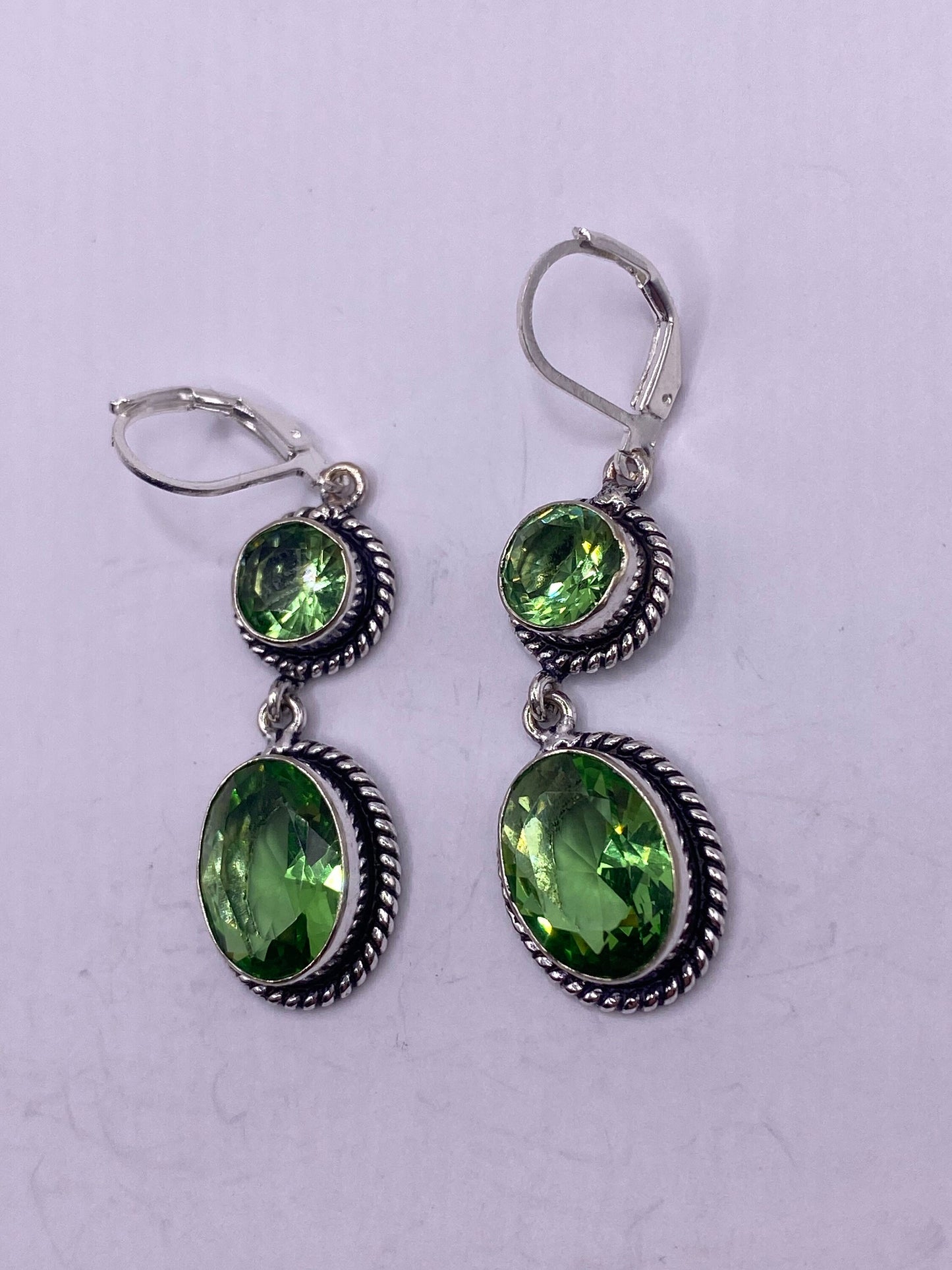 Antique Vintage Green Peridot Glass Silver Dangle Earrings