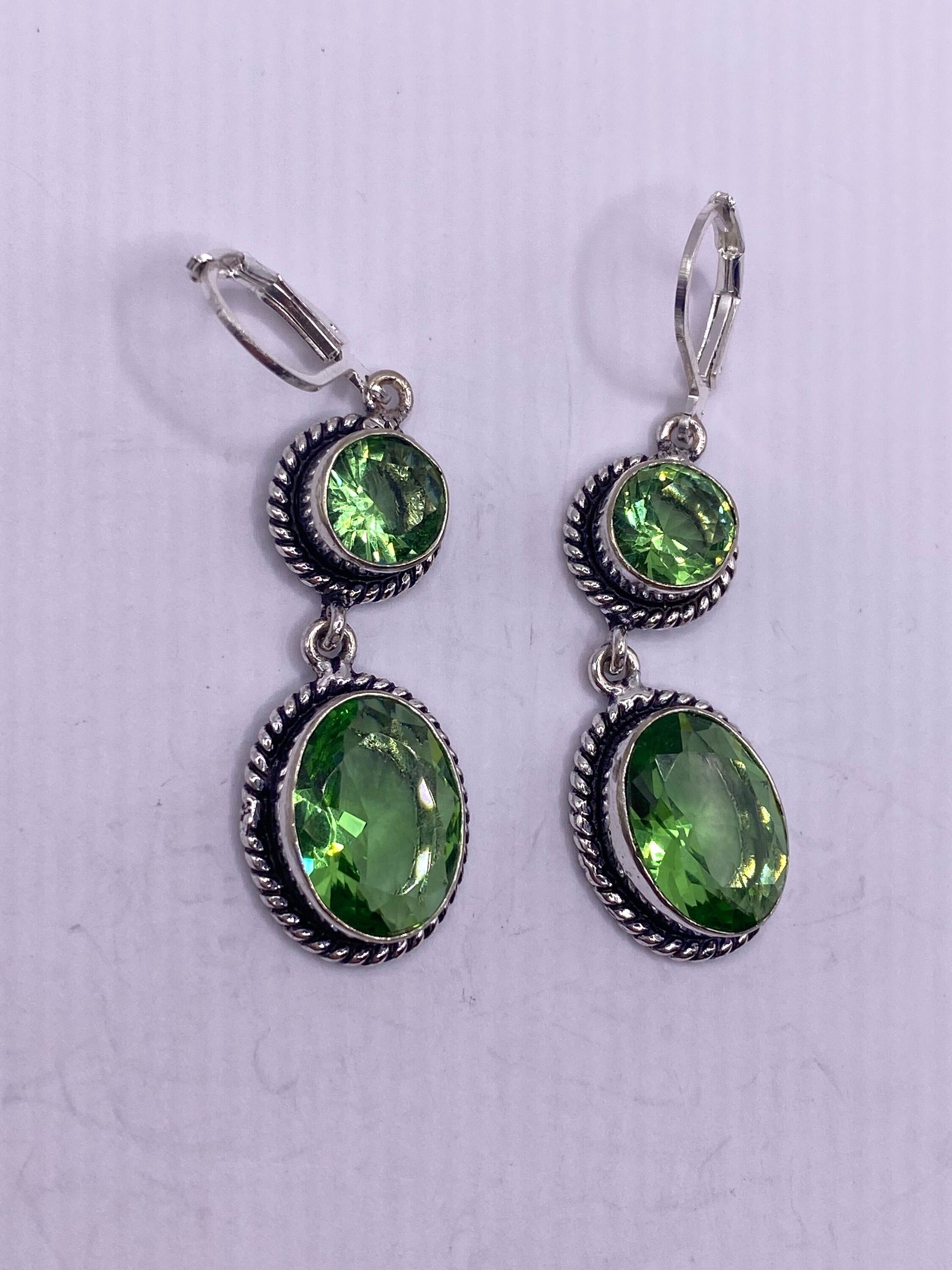 Antique Vintage Green Peridot Glass Silver Dangle Earrings