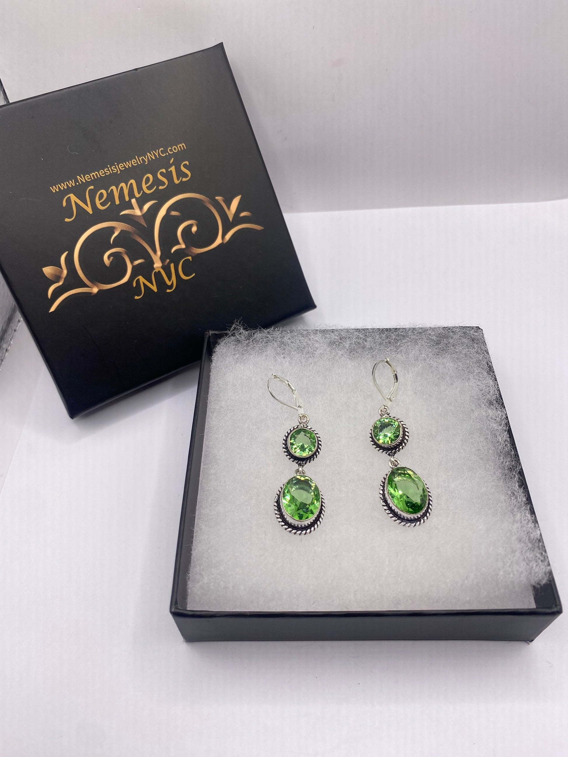 Antique Vintage Green Peridot Glass Silver Dangle Earrings