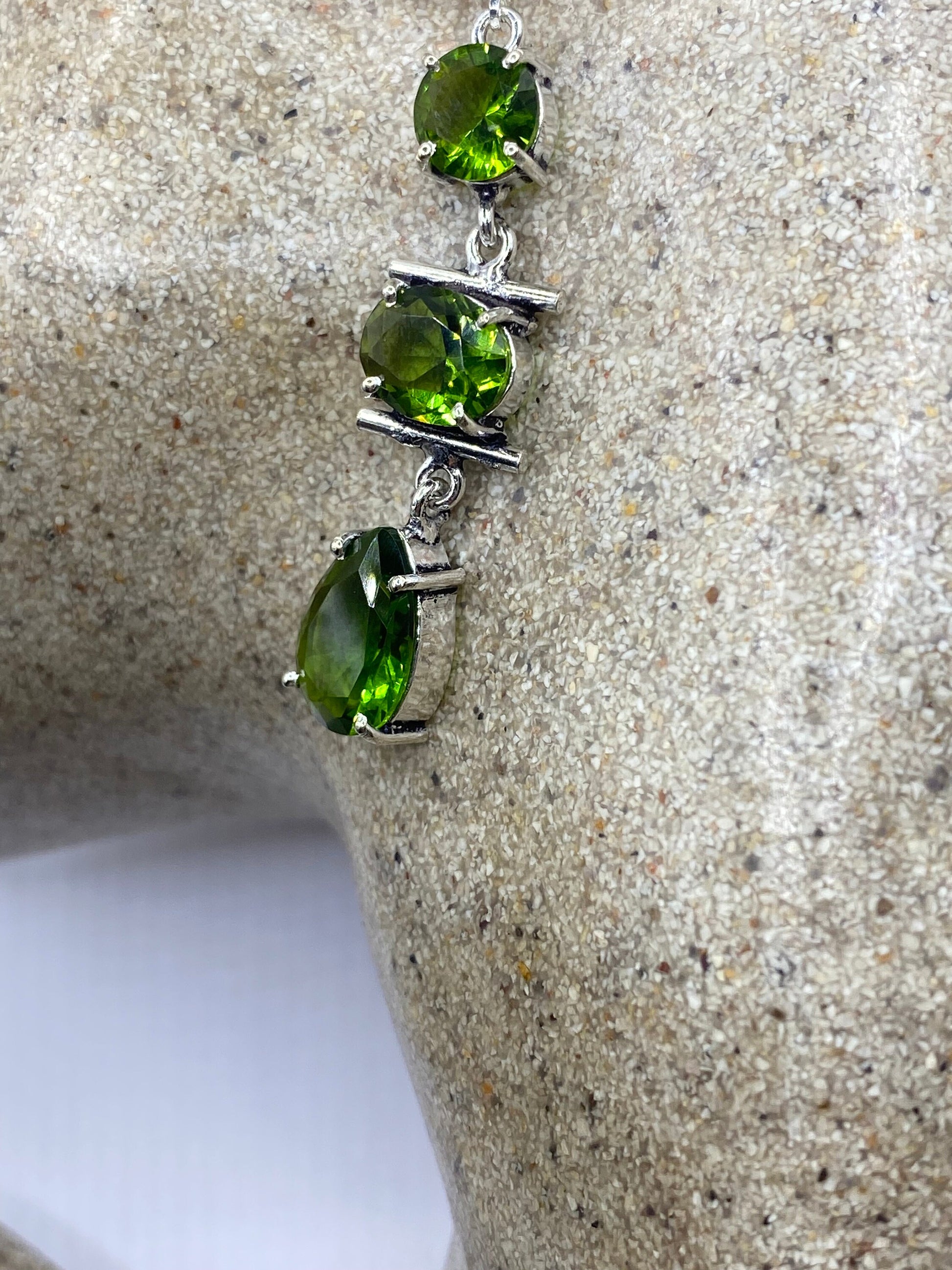 Antique Vintage Green Peridot Glass Silver Dangle Earrings