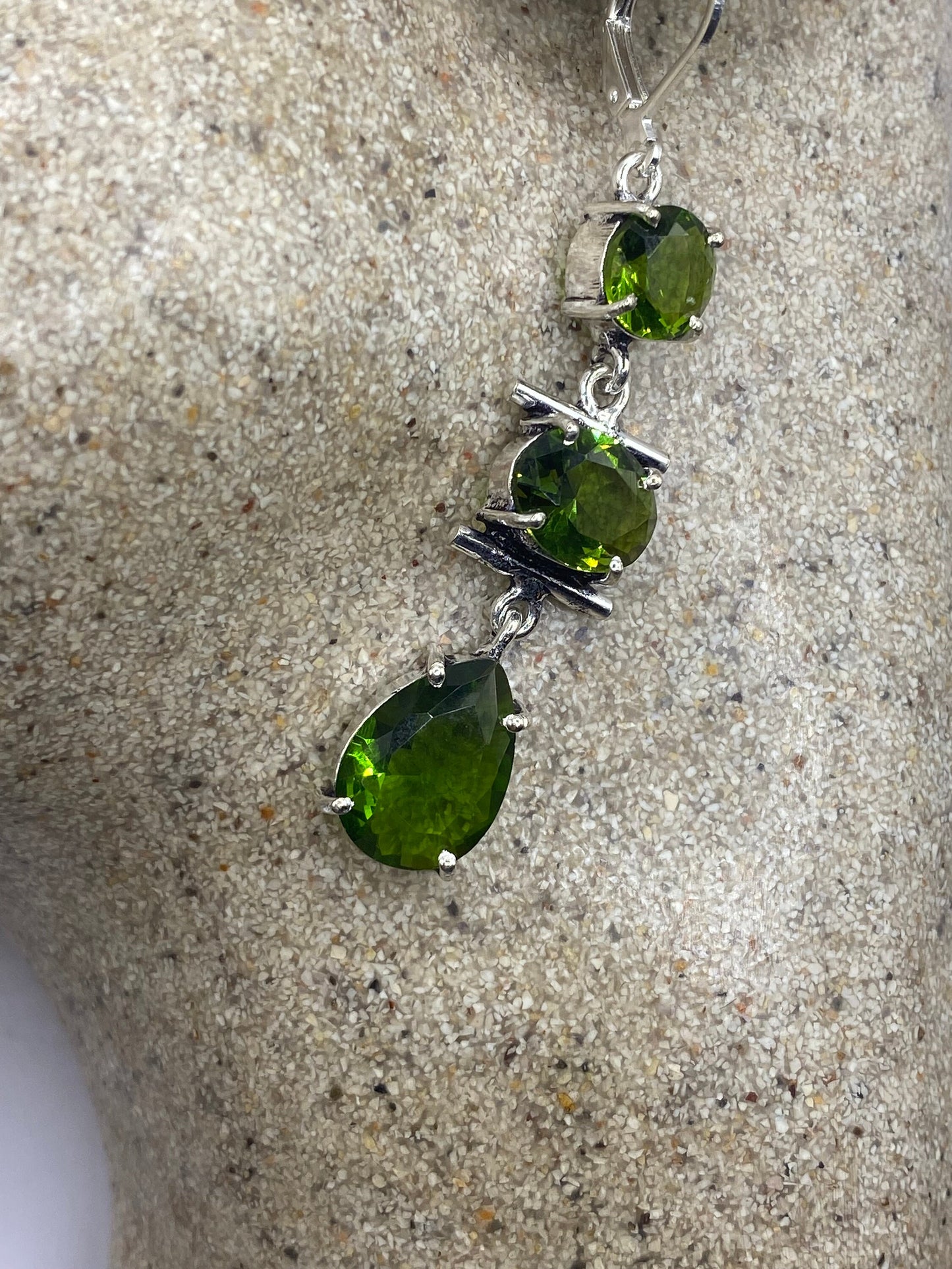 Antique Vintage Green Peridot Glass Silver Dangle Earrings