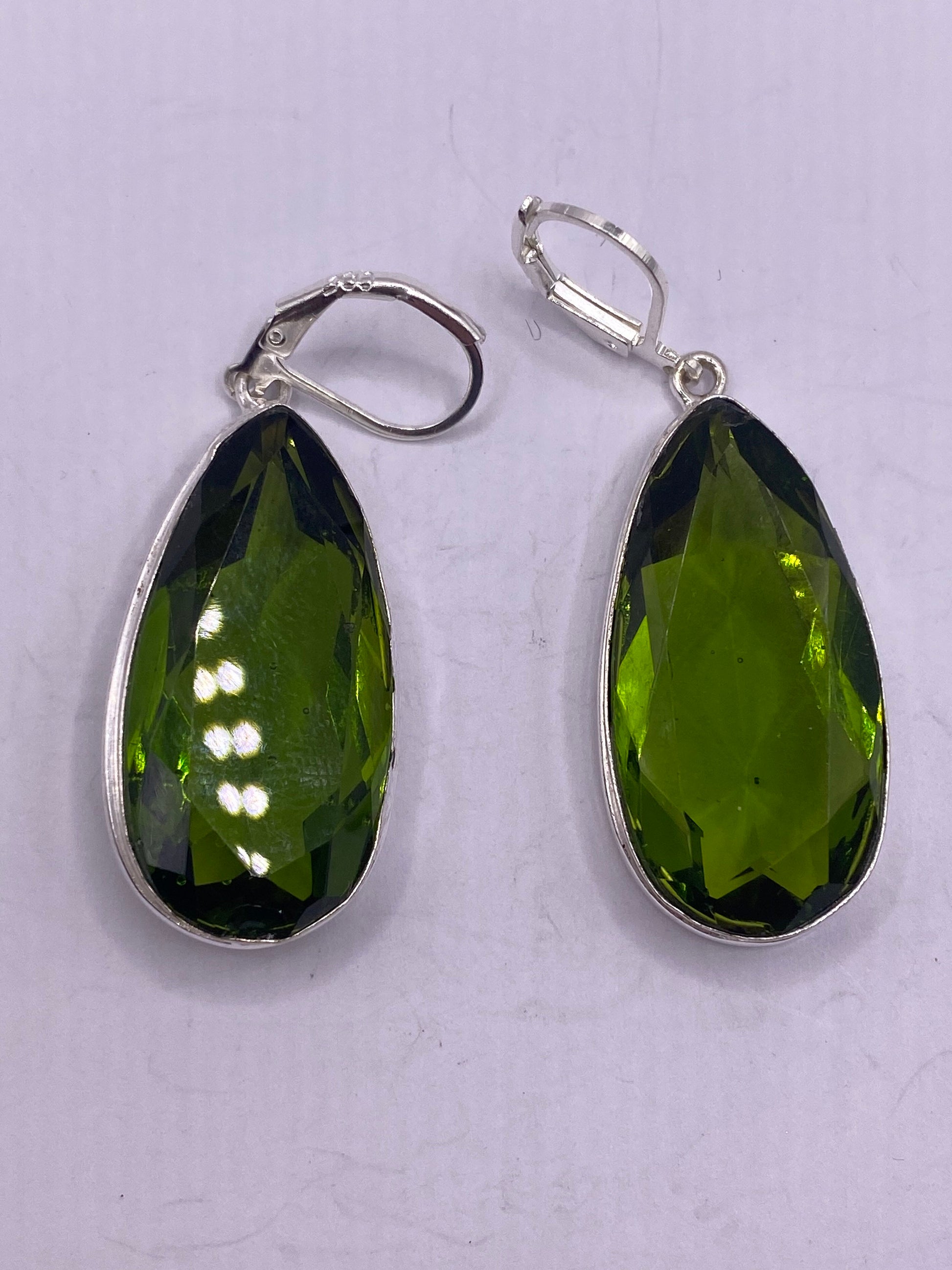 Antique Vintage Green Peridot Glass Silver Dangle Earrings