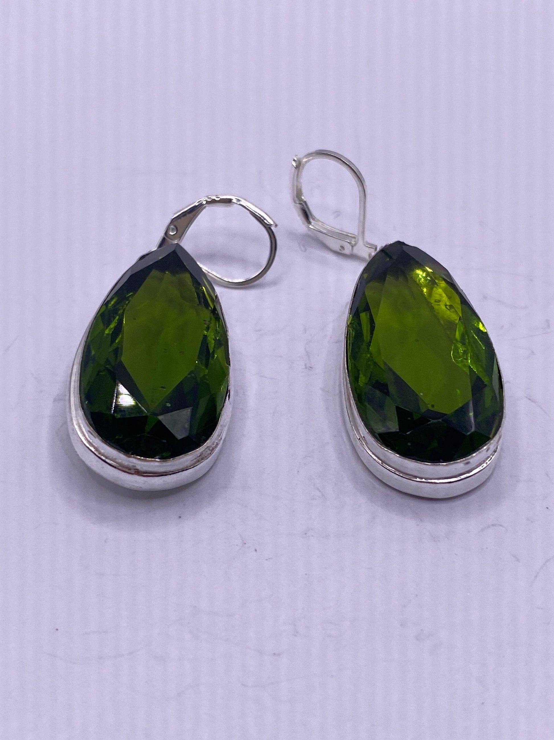 Antique Vintage Green Peridot Glass Silver Dangle Earrings