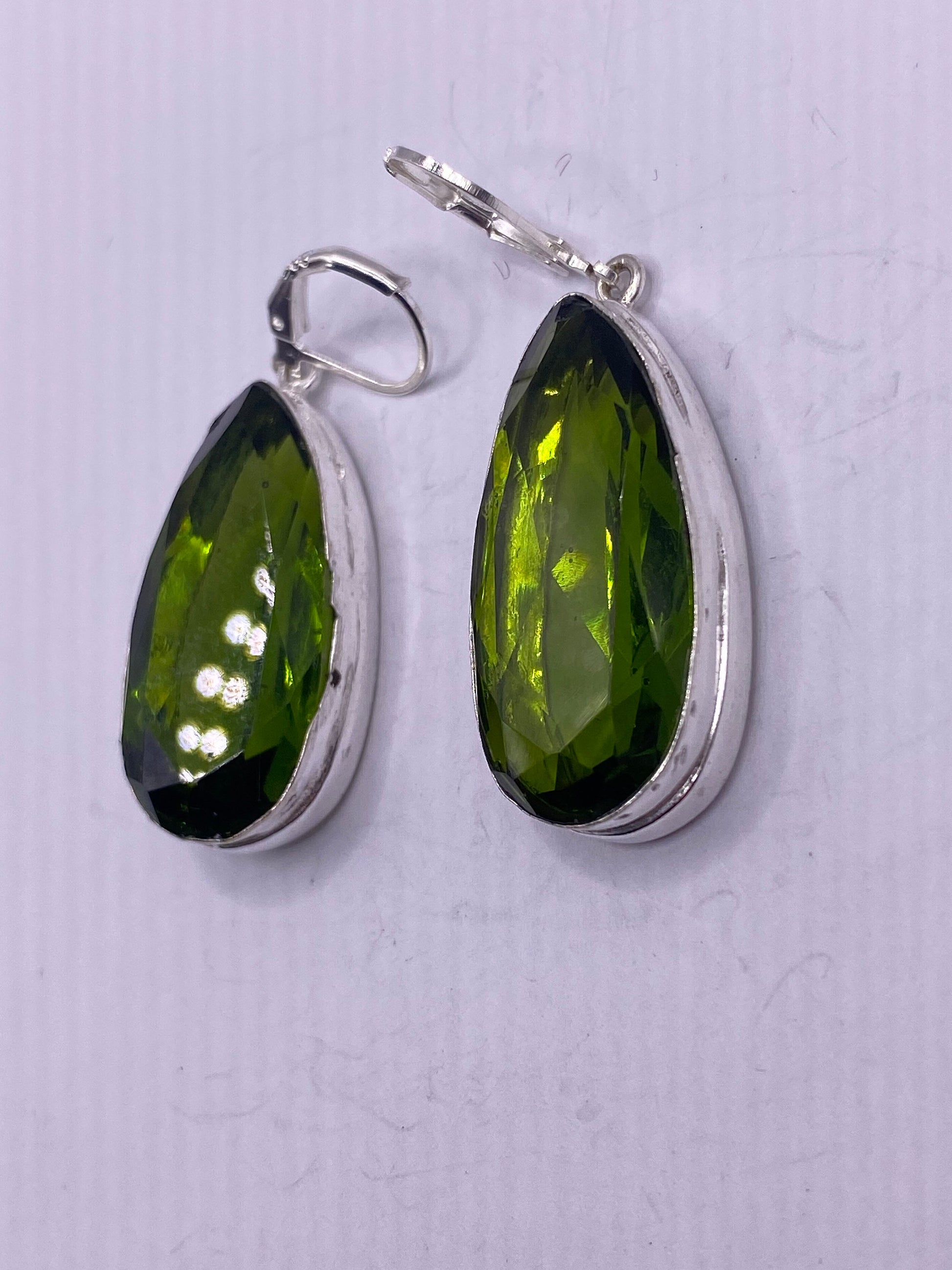 Antique Vintage Green Peridot Glass Silver Dangle Earrings