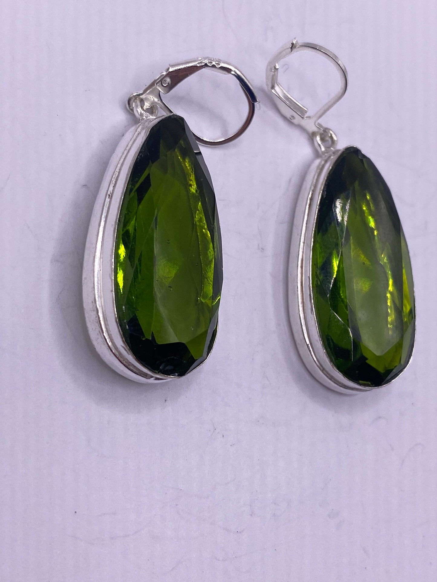 Antique Vintage Green Peridot Glass Silver Dangle Earrings