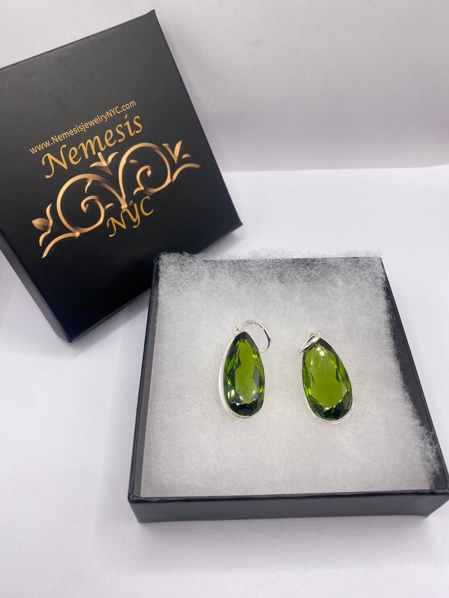 Antique Vintage Green Peridot Glass Silver Dangle Earrings