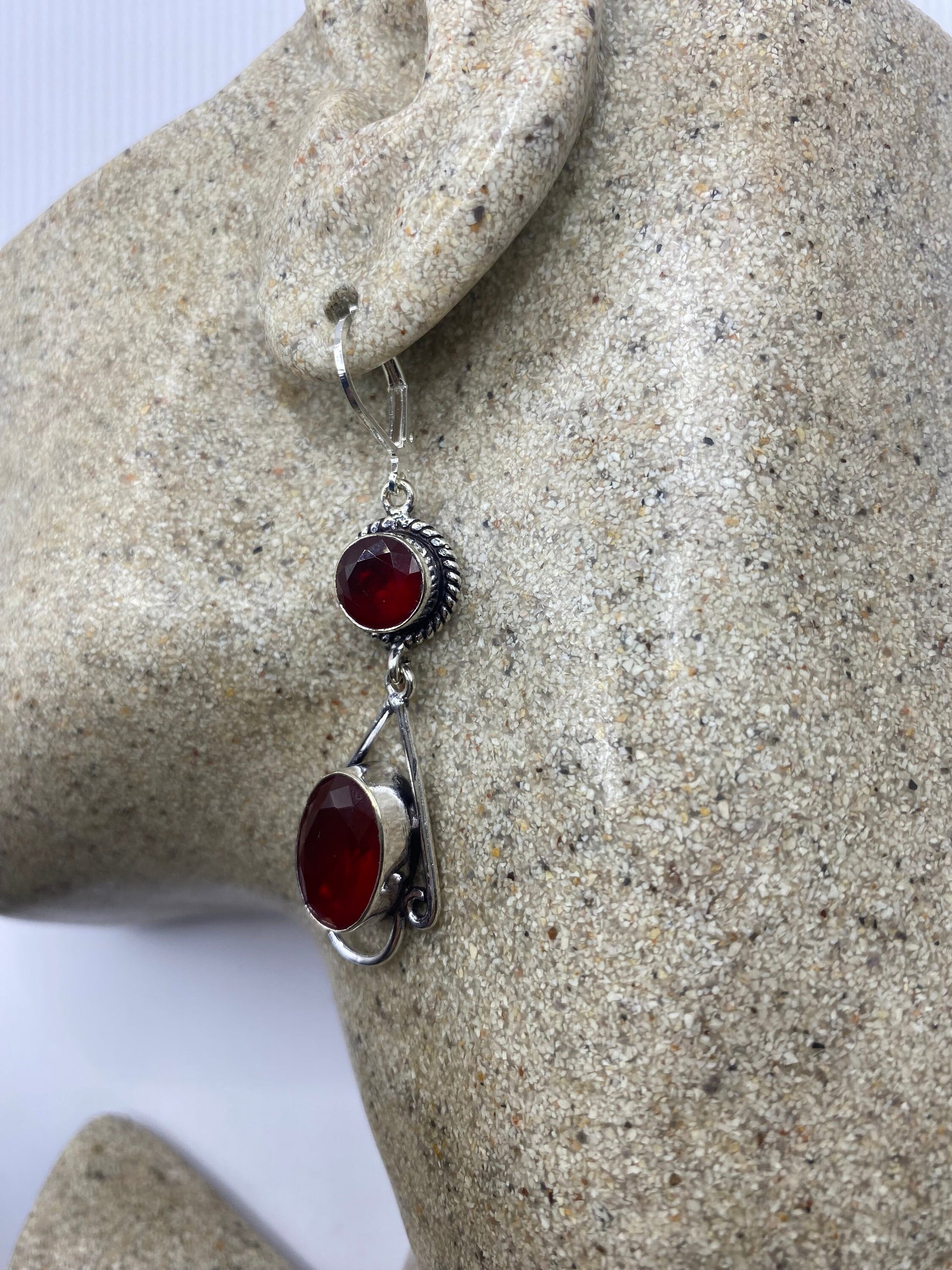 Antique Vintage Red Ruby Glass Silver Dangle Earrings