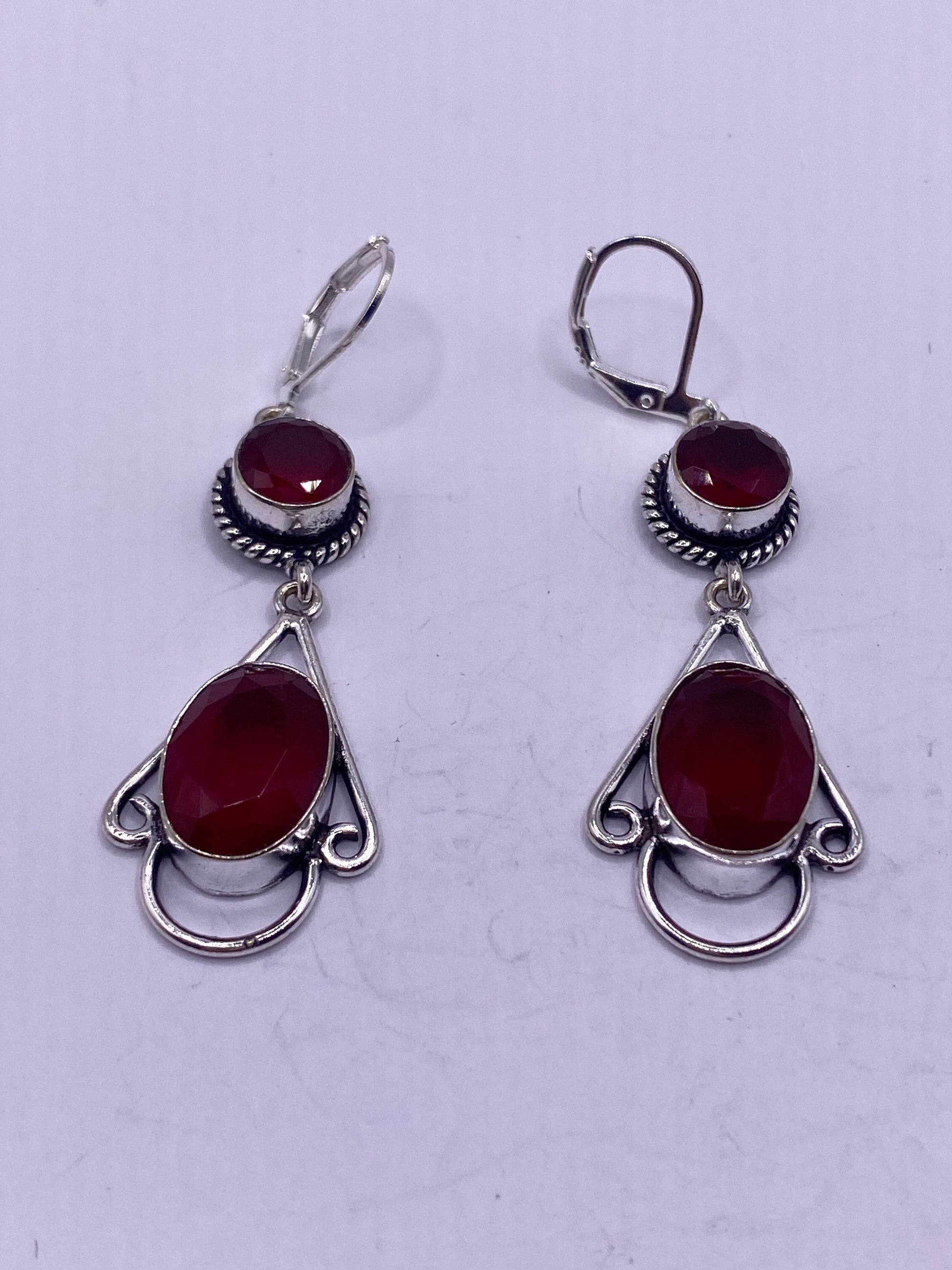 Antique Vintage Red Ruby Glass Silver Dangle Earrings