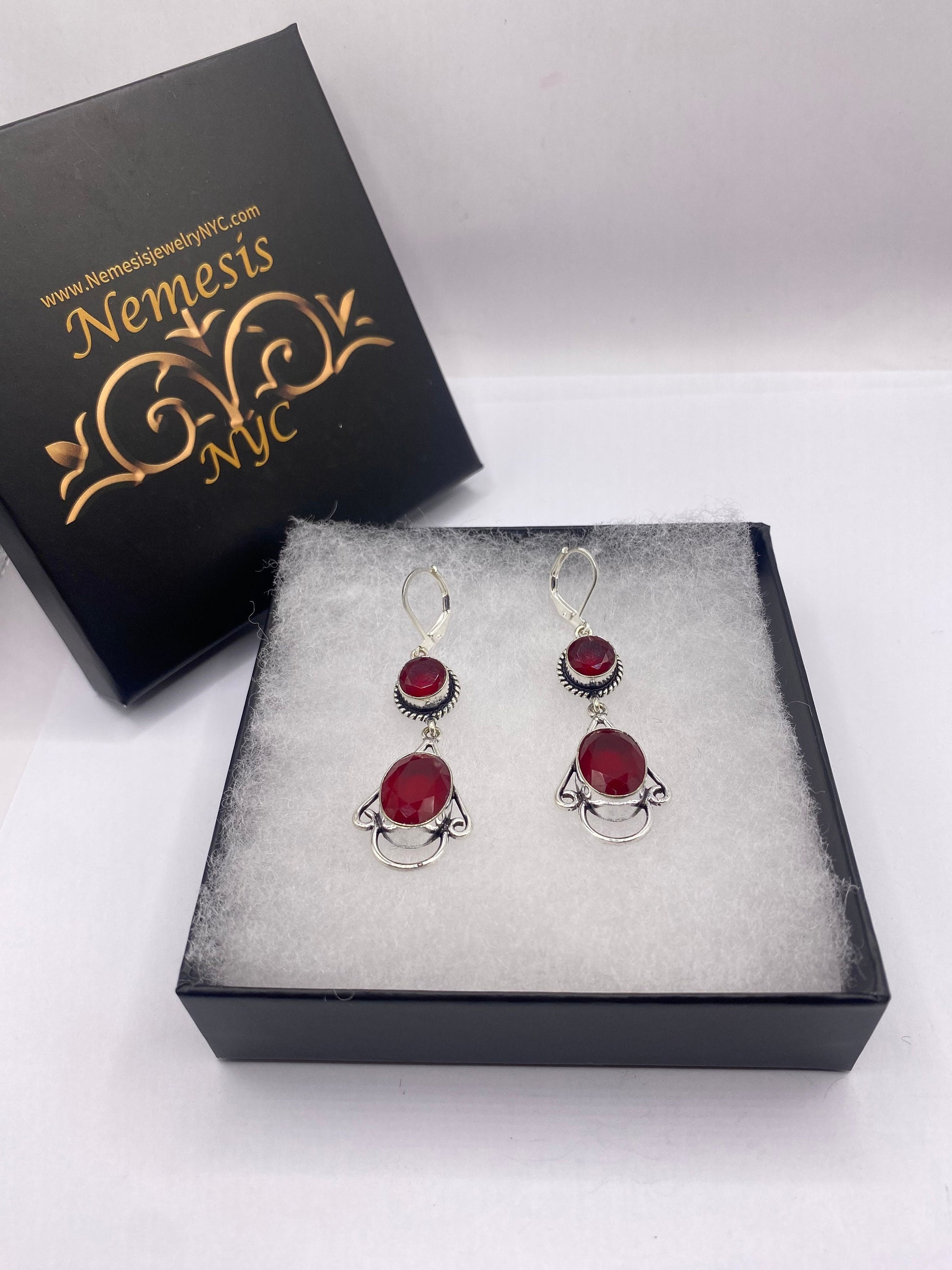 Antique Vintage Red Ruby Glass Silver Dangle Earrings