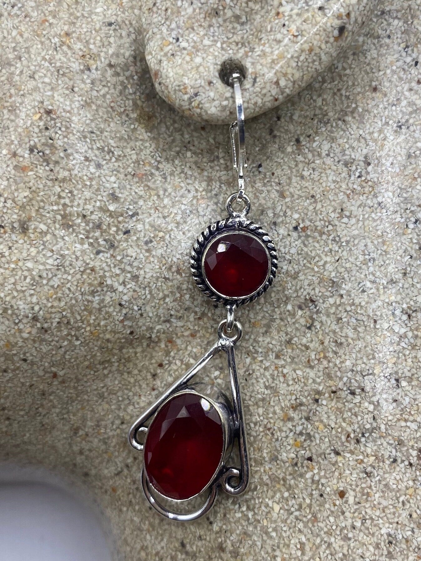 Antique Vintage Red Ruby Glass Silver Dangle Earrings