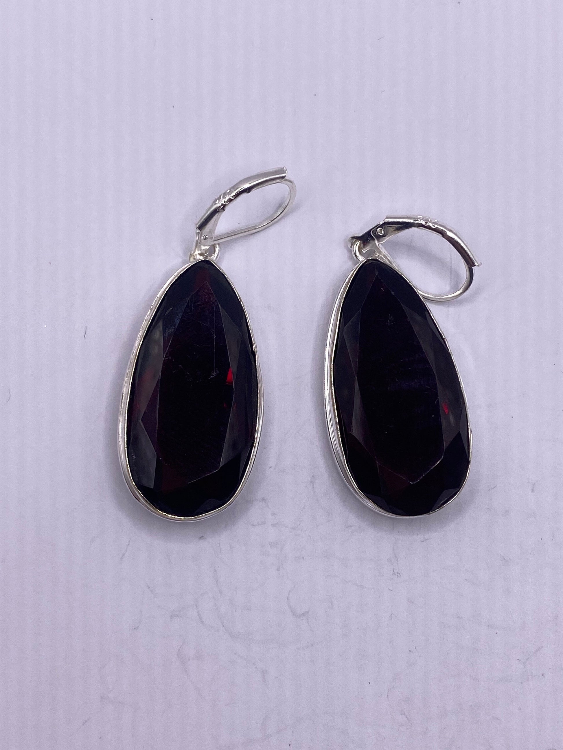 Antique Vintage Red Ruby Glass Silver Dangle Earrings