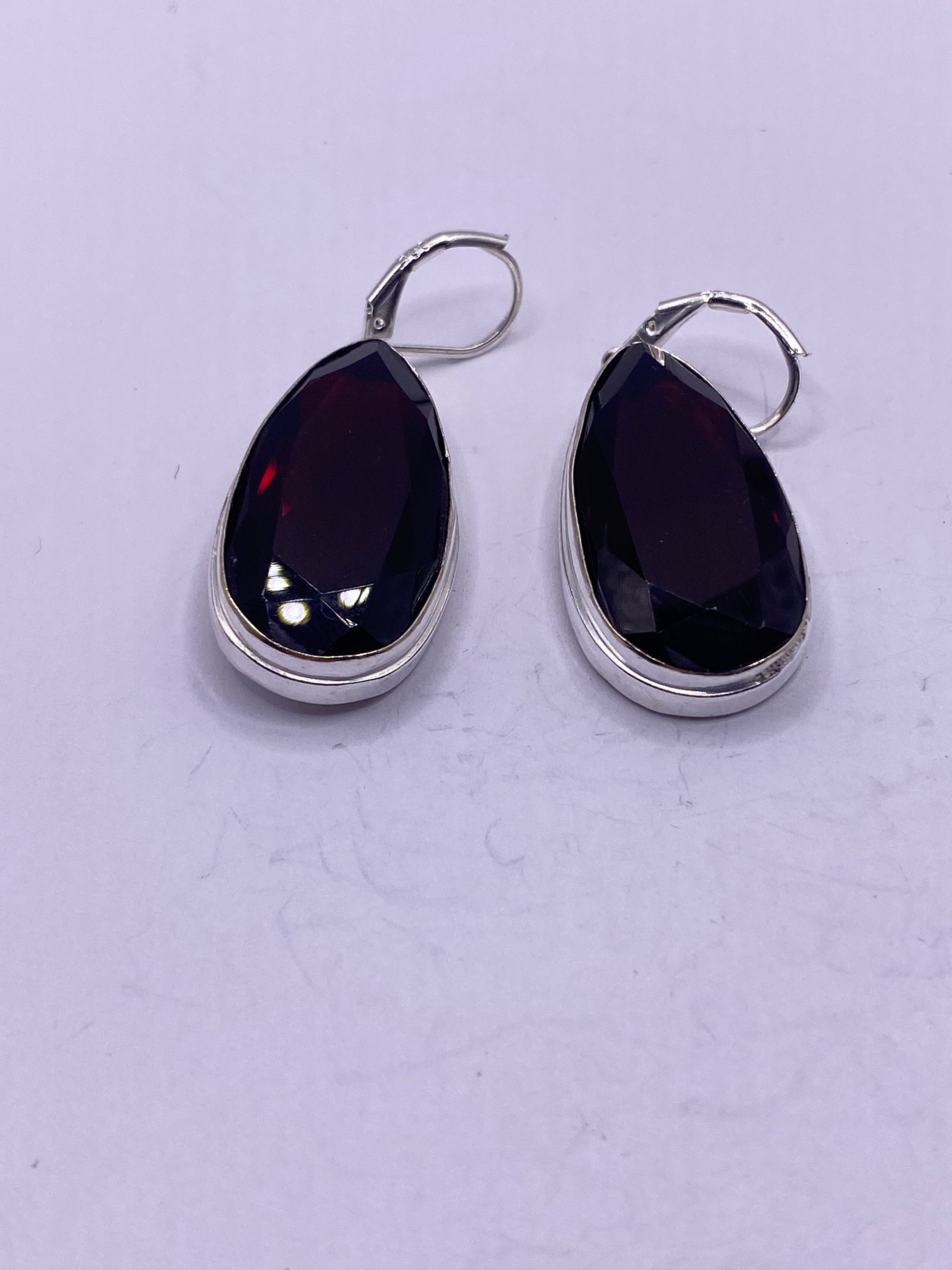 Antique Vintage Red Ruby Glass Silver Dangle Earrings