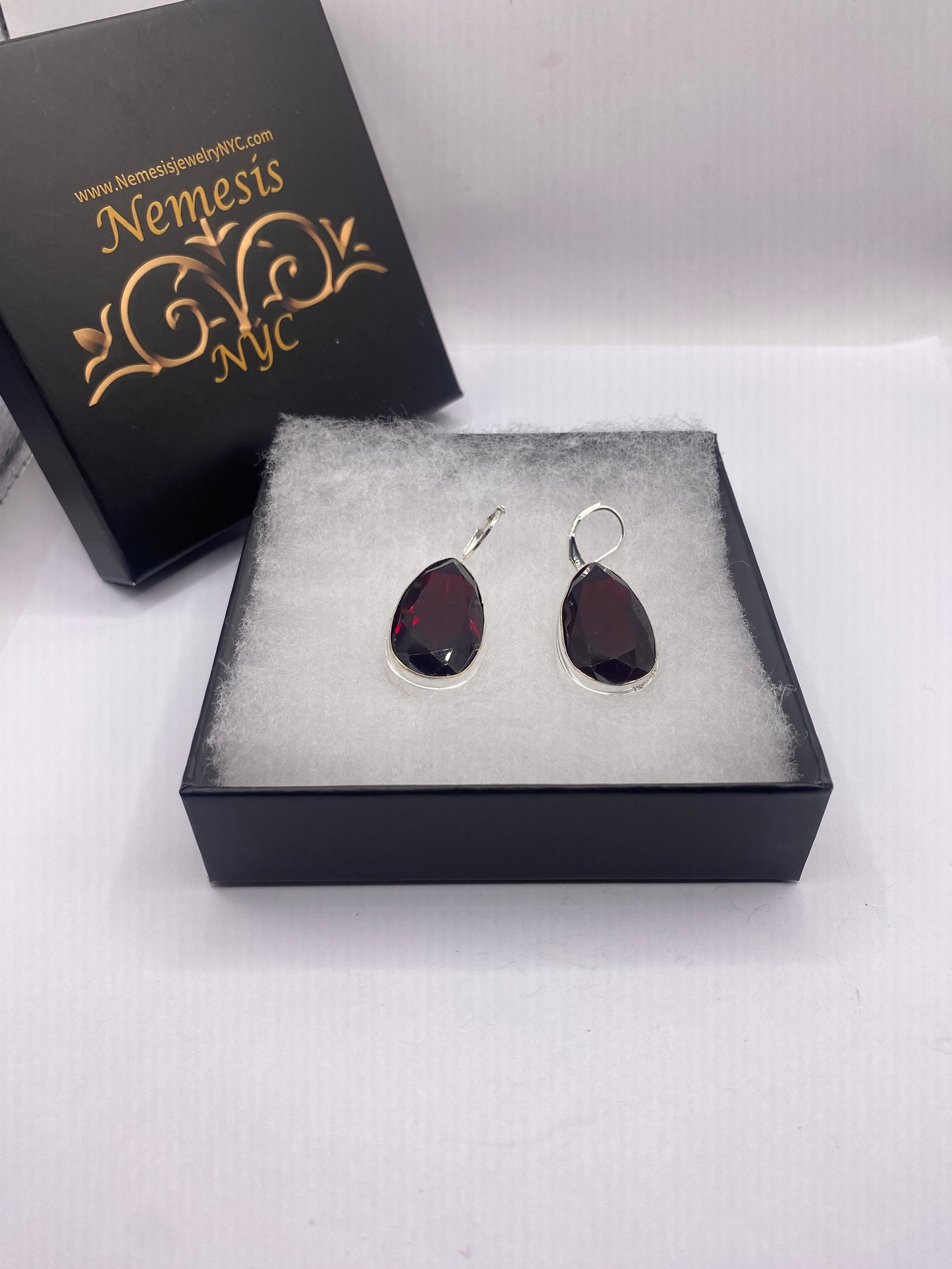 Antique Vintage Red Ruby Glass Silver Dangle Earrings