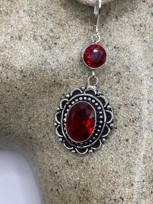 Antique Vintage Red Ruby Glass Silver Dangle Earrings