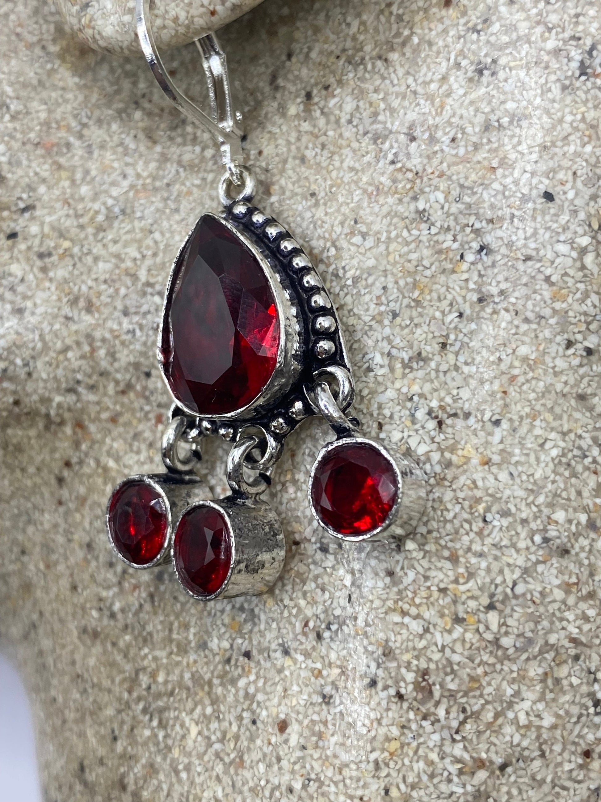 Antique Vintage Red Ruby Glass Silver Dangle Earrings