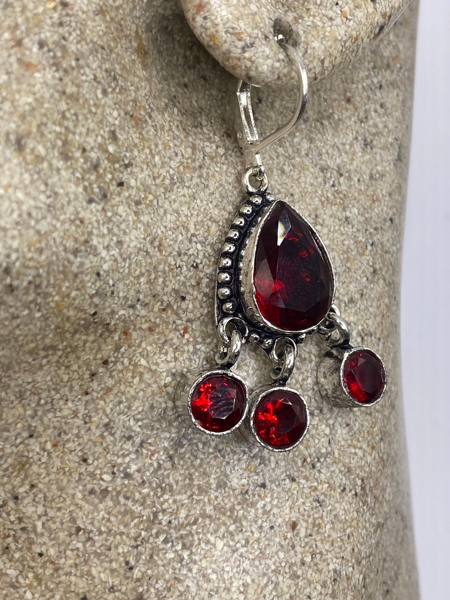 Antique Vintage Red Ruby Glass Silver Dangle Earrings