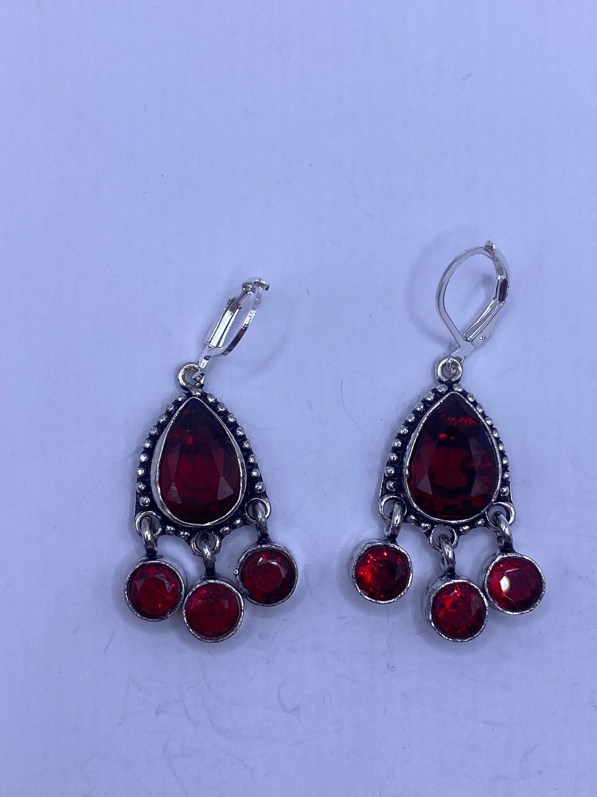 Antique Vintage Red Ruby Glass Silver Dangle Earrings