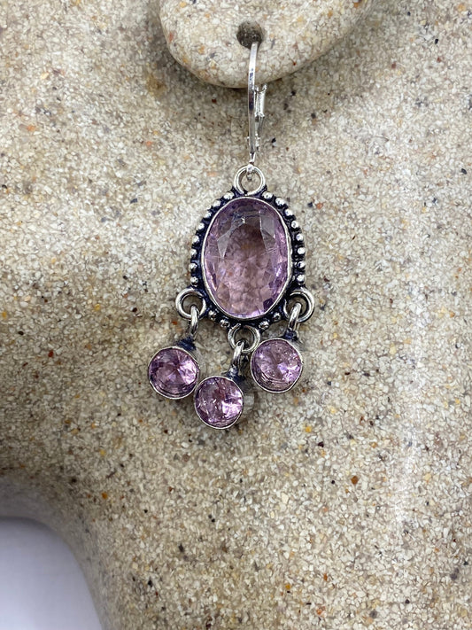 Antique Vintage Pink Rose Quartz Glass Silver Dangle Earrings