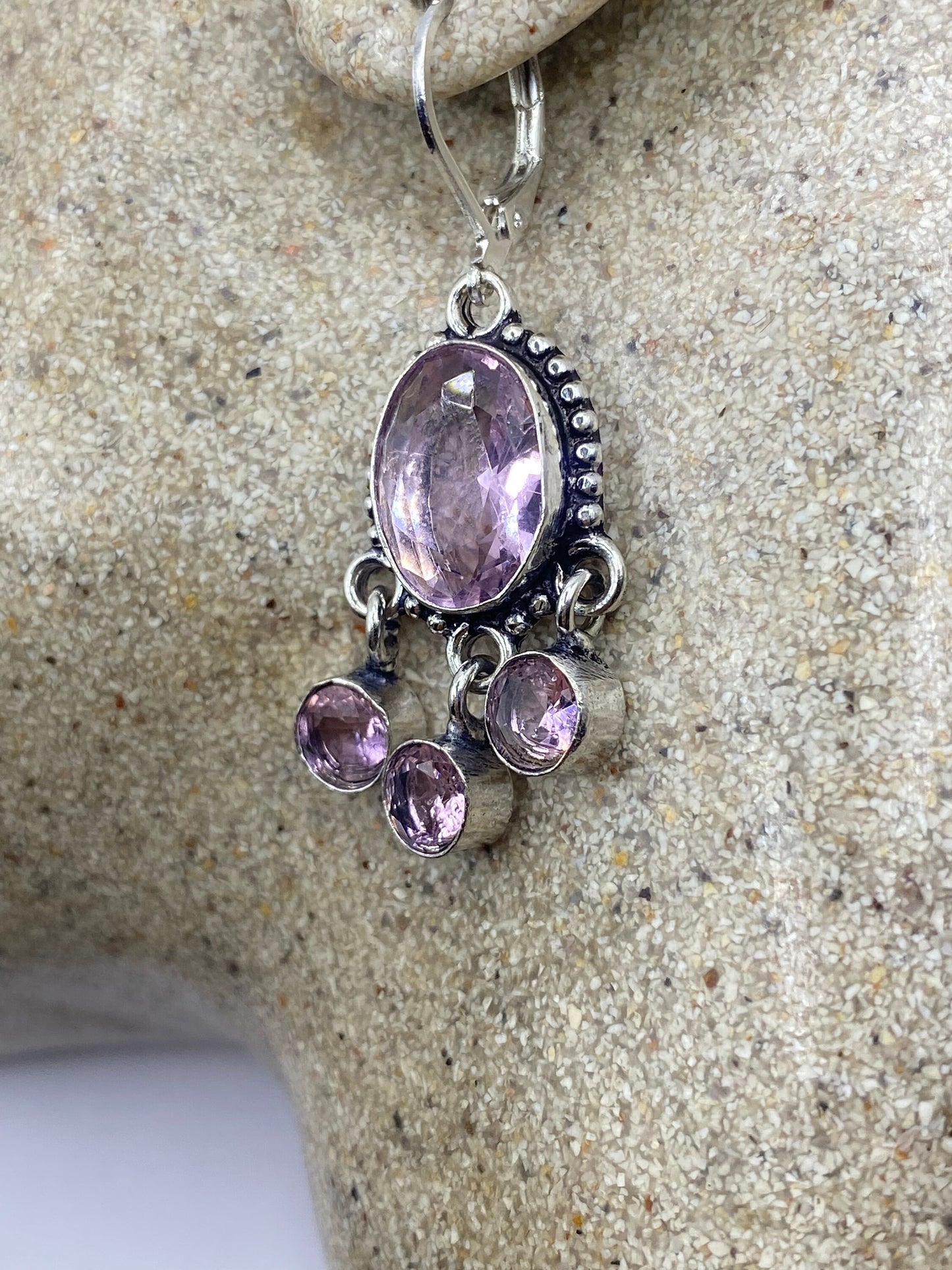 Antique Vintage Pink Rose Quartz Glass Silver Dangle Earrings