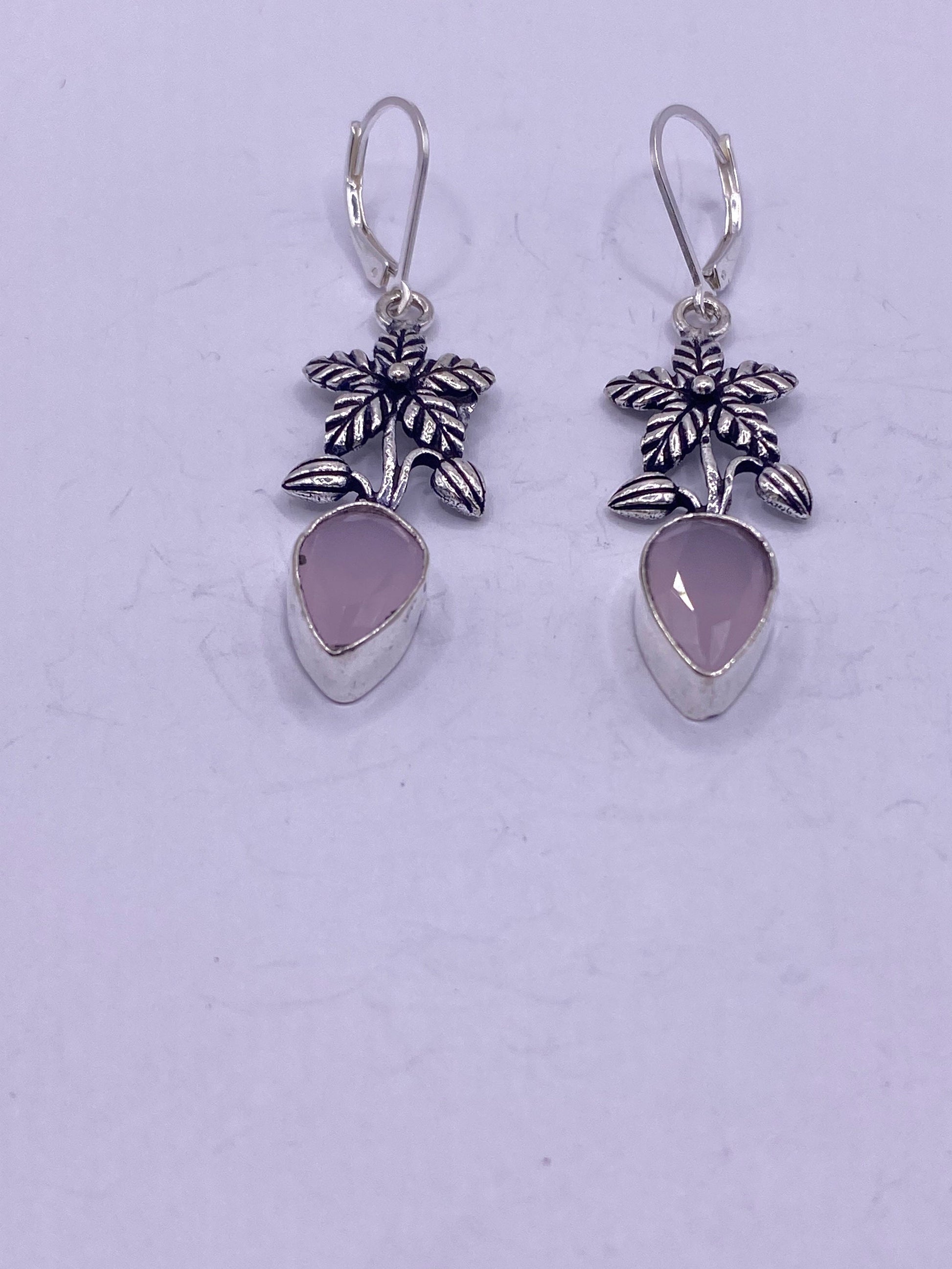 Antique Vintage Pink Rose Quartz Silver Dangle Earrings