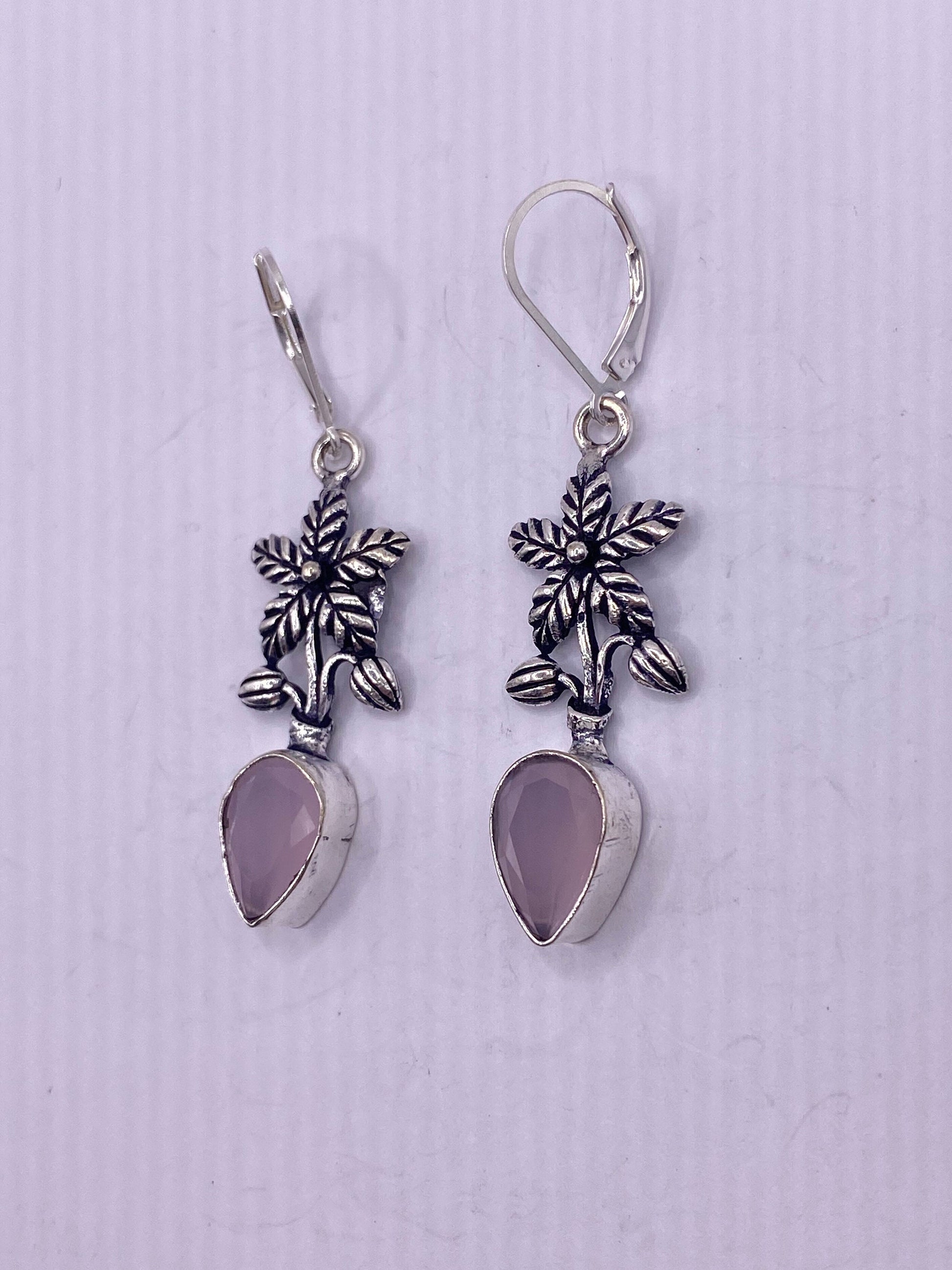 Antique Vintage Pink Rose Quartz Silver Dangle Earrings