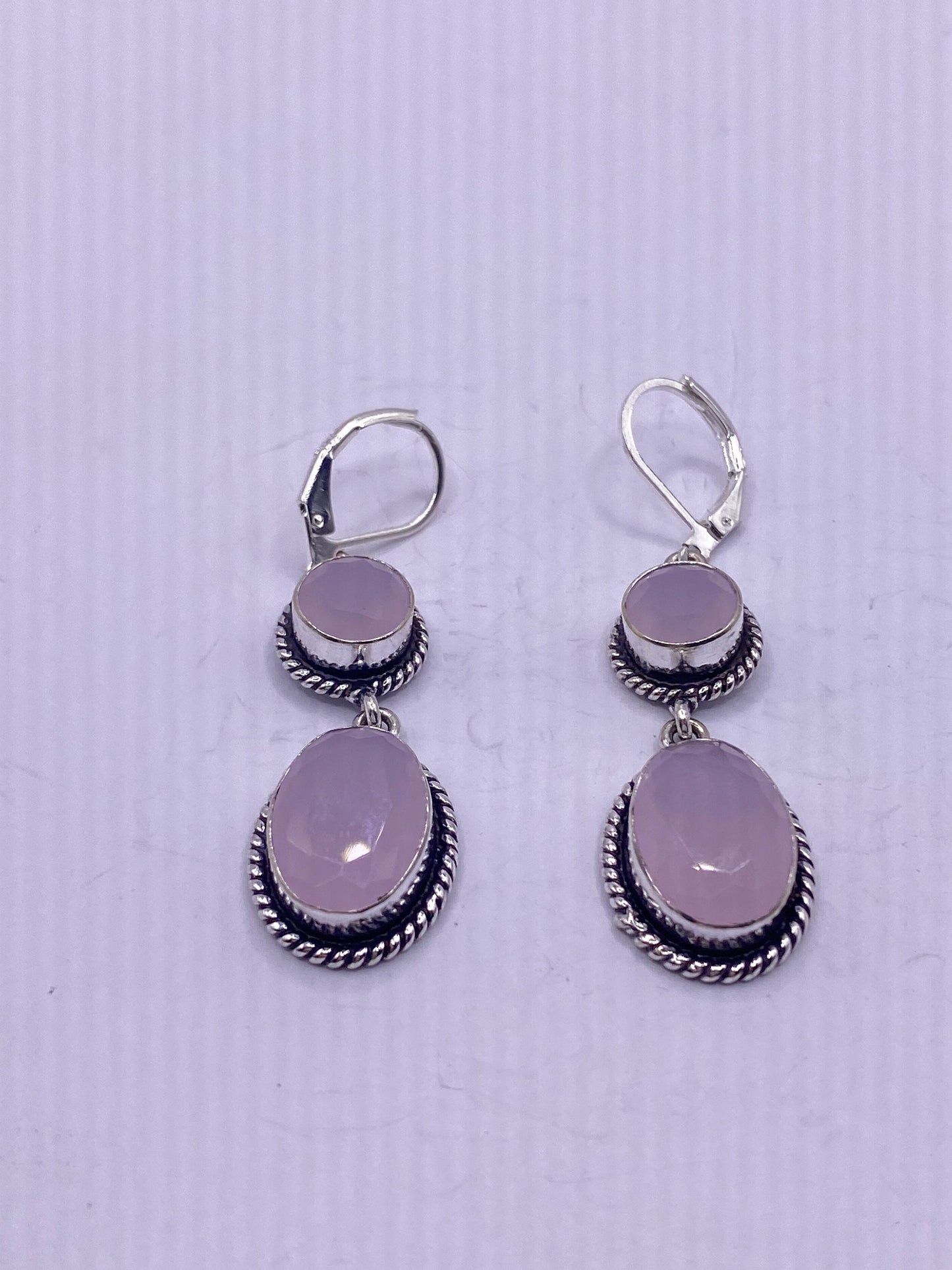 Antique Vintage Pink Rose Quartz Silver Dangle Earrings