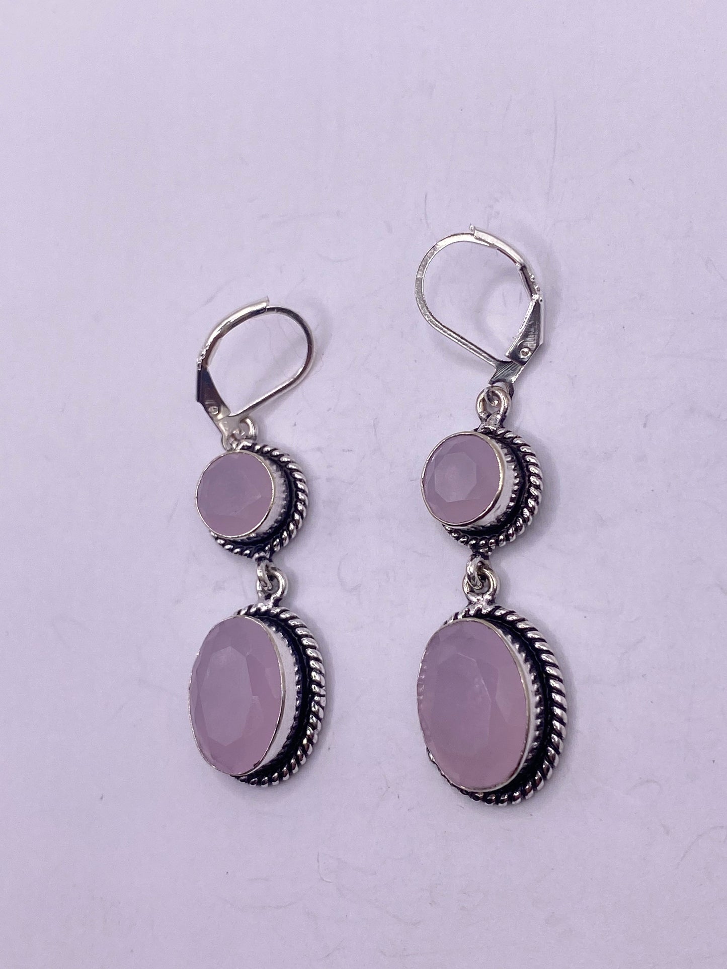 Antique Vintage Pink Rose Quartz Silver Dangle Earrings