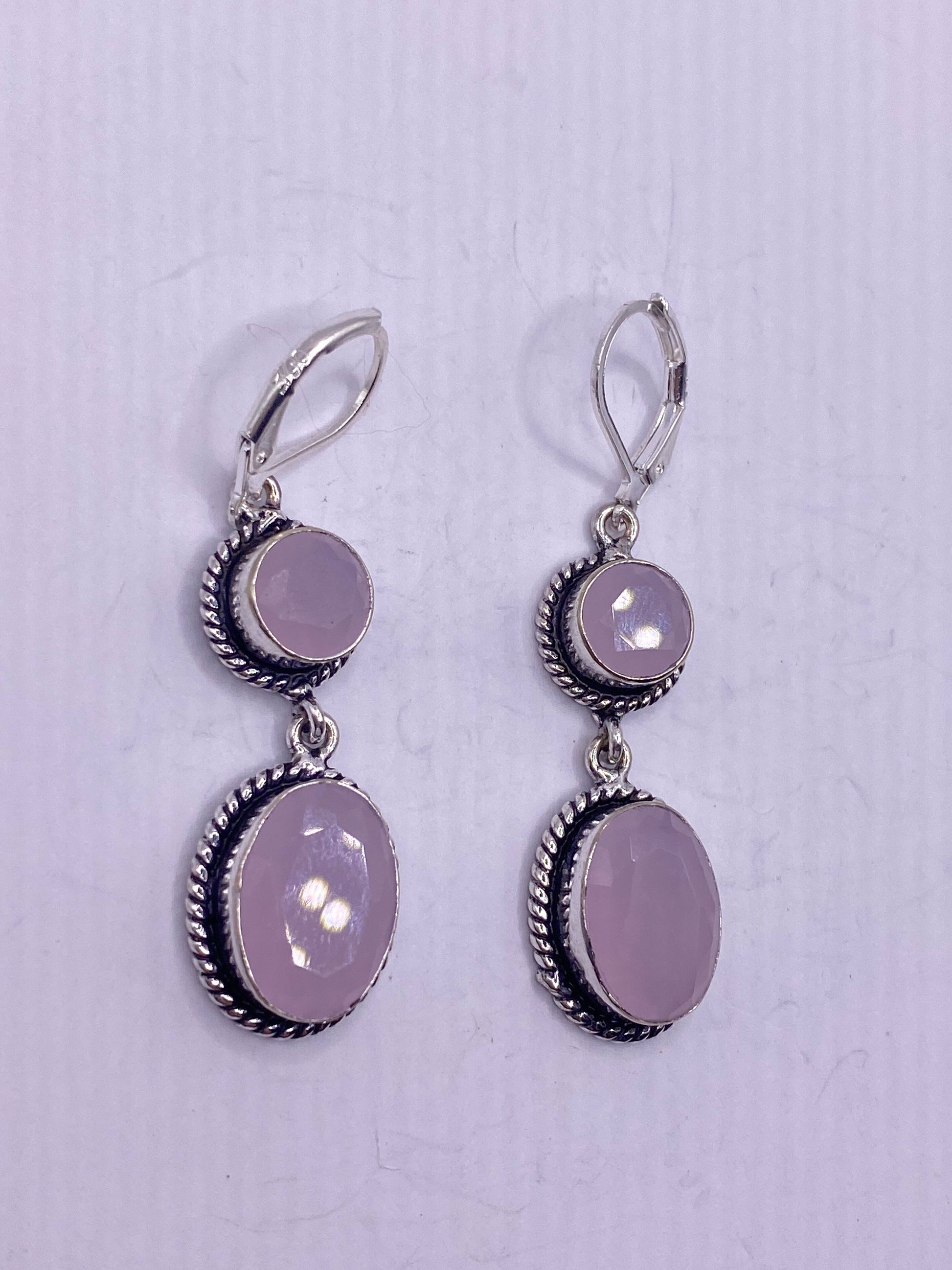 Antique Vintage Pink Rose Quartz Silver Dangle Earrings