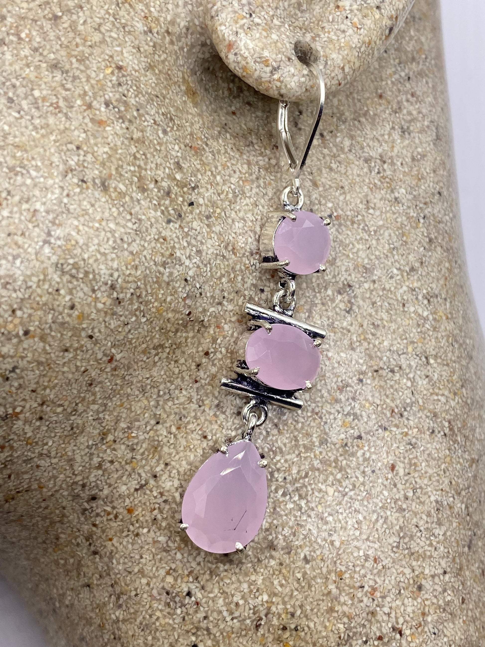 Antique Vintage Pink Rose Quartz Silver Dangle Earrings