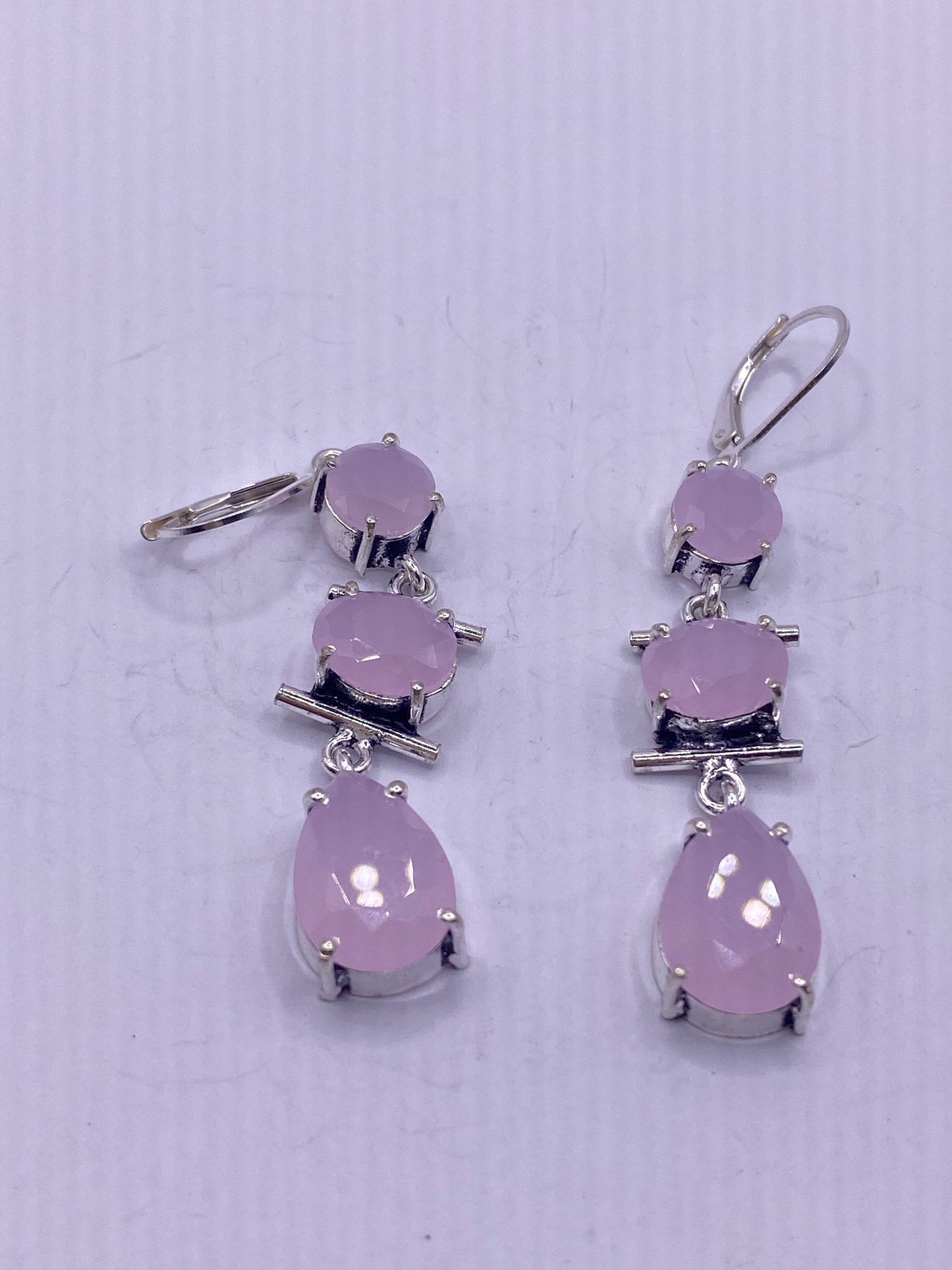 Antique Vintage Pink Rose Quartz Silver Dangle Earrings