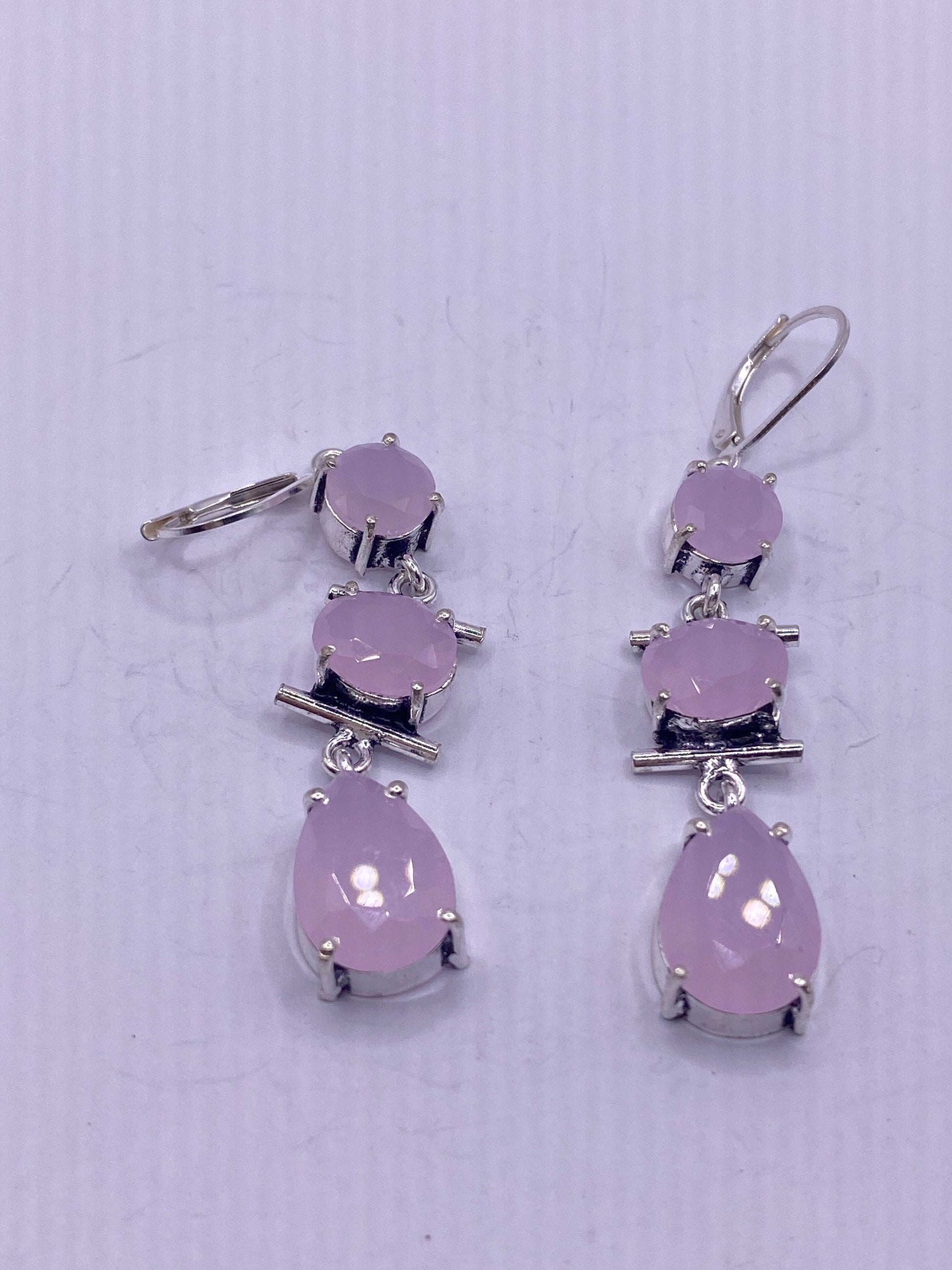 Antique Vintage Pink Rose Quartz Silver Dangle Earrings