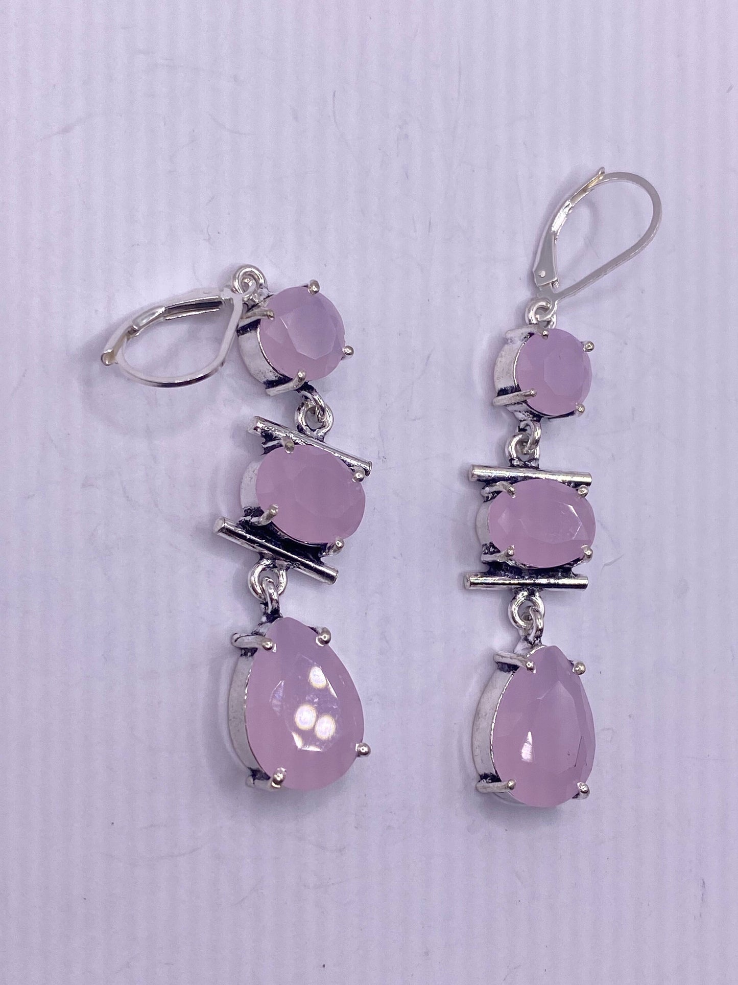 Antique Vintage Pink Rose Quartz Silver Dangle Earrings