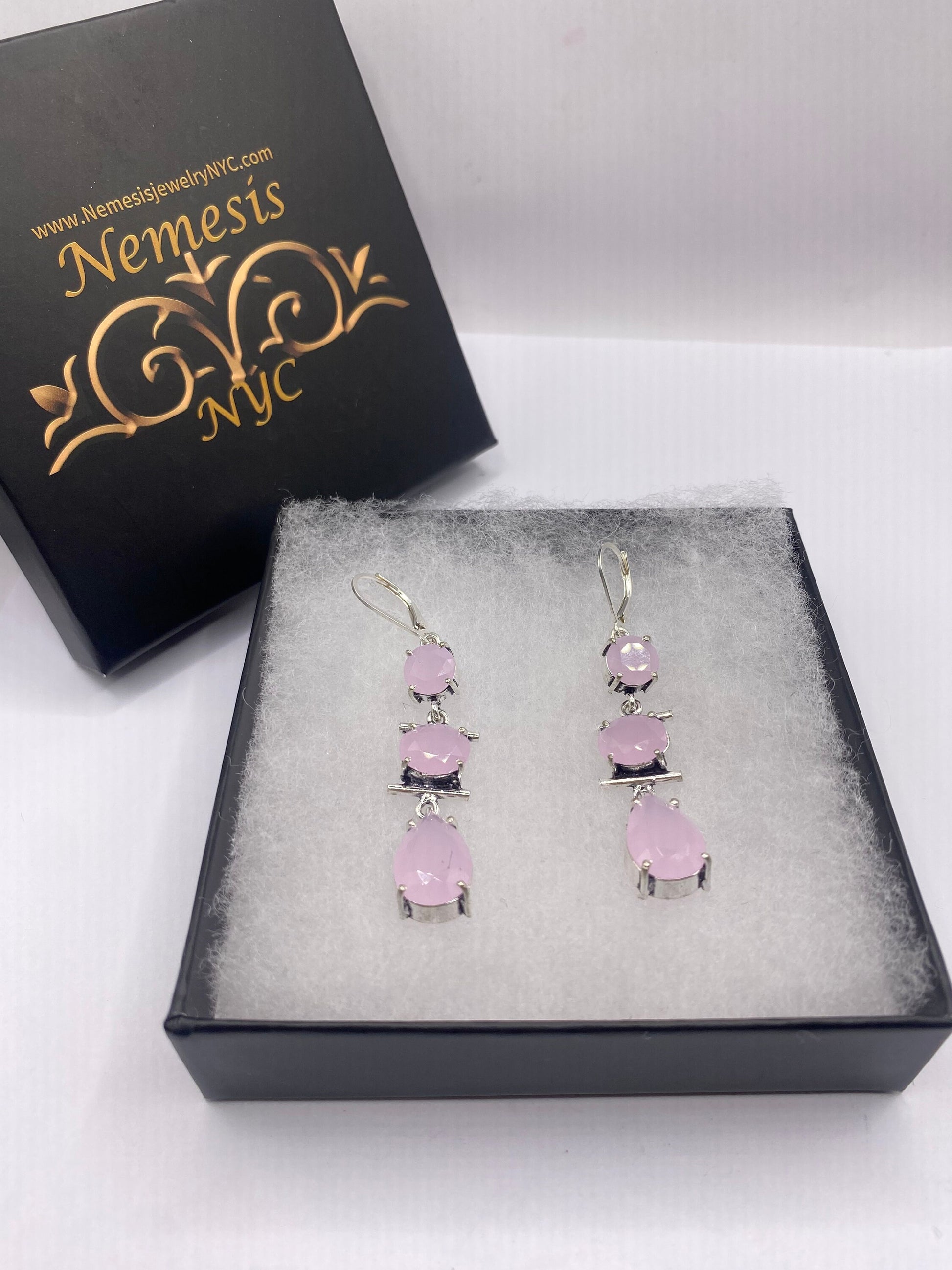 Antique Vintage Pink Rose Quartz Silver Dangle Earrings