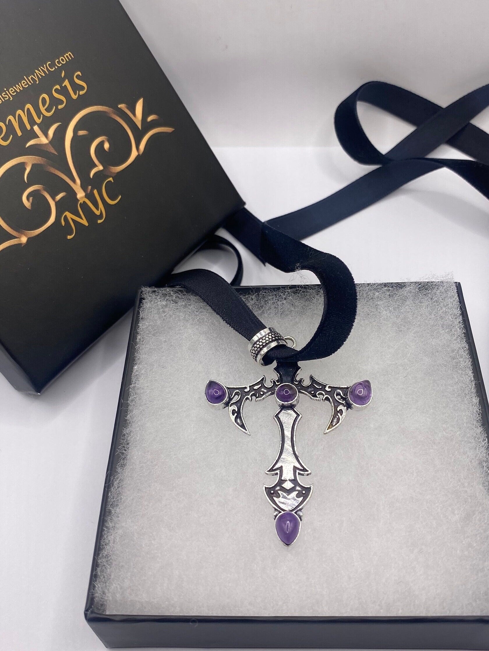 Bohemian Cut Deep Purple Genuine Amethyst Cross Choker Necklace