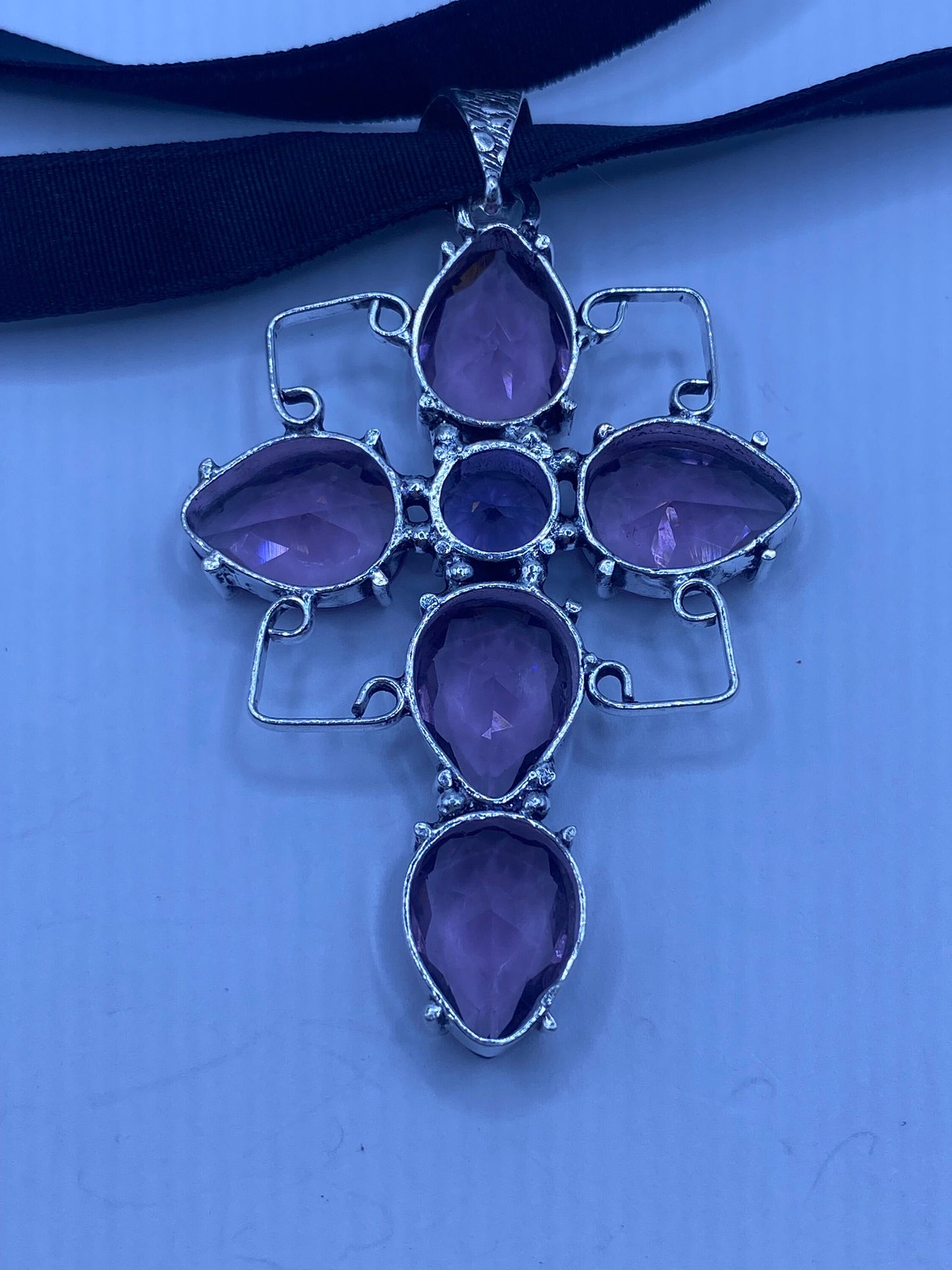 Vintage Purple Amethyst Glass Cross Choker Necklace