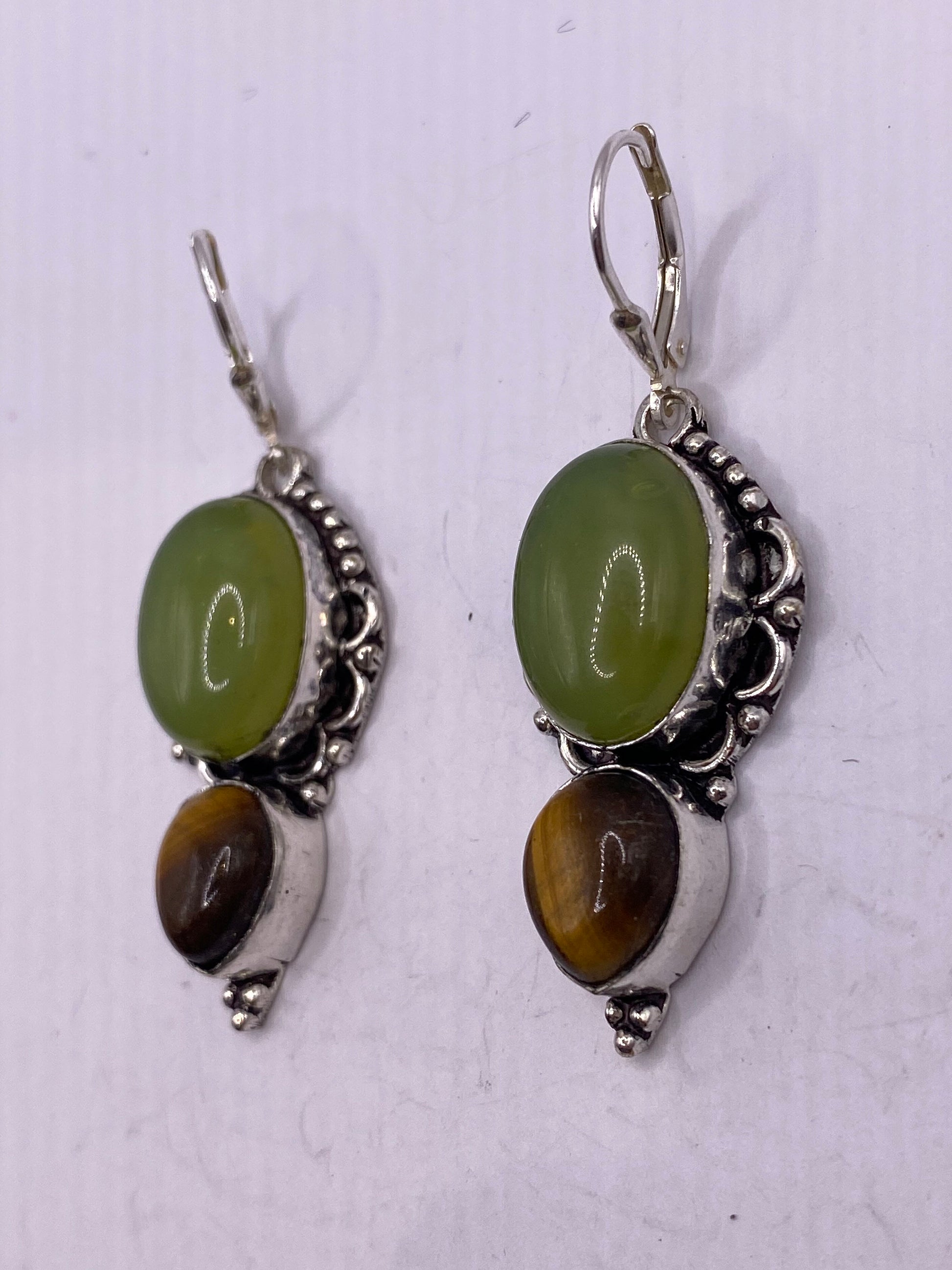 Antique Vintage Green Aventurine Jade Silver Dangle Earrings