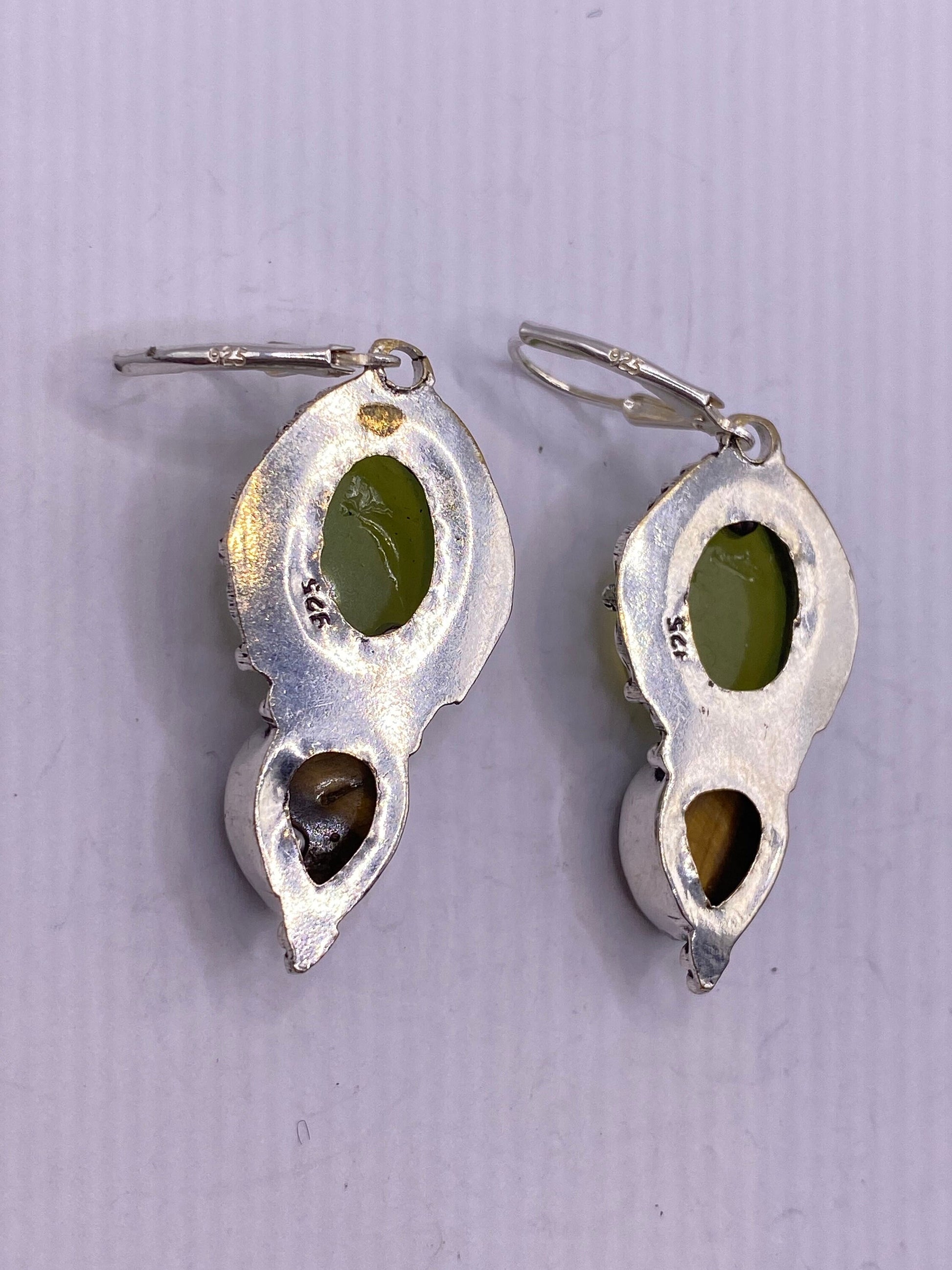 Antique Vintage Green Aventurine Jade Silver Dangle Earrings