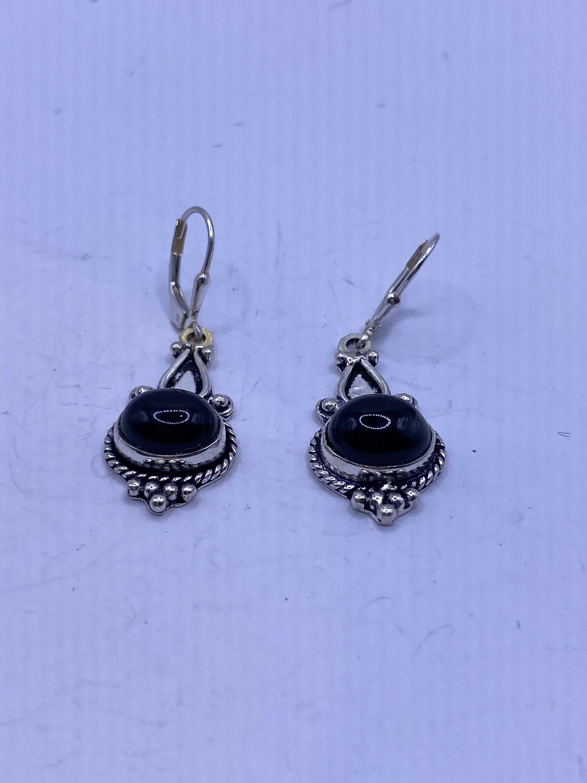 Vintage Black Earring Onyx 925 Sterling Silver Deco Dangle Chandelier
