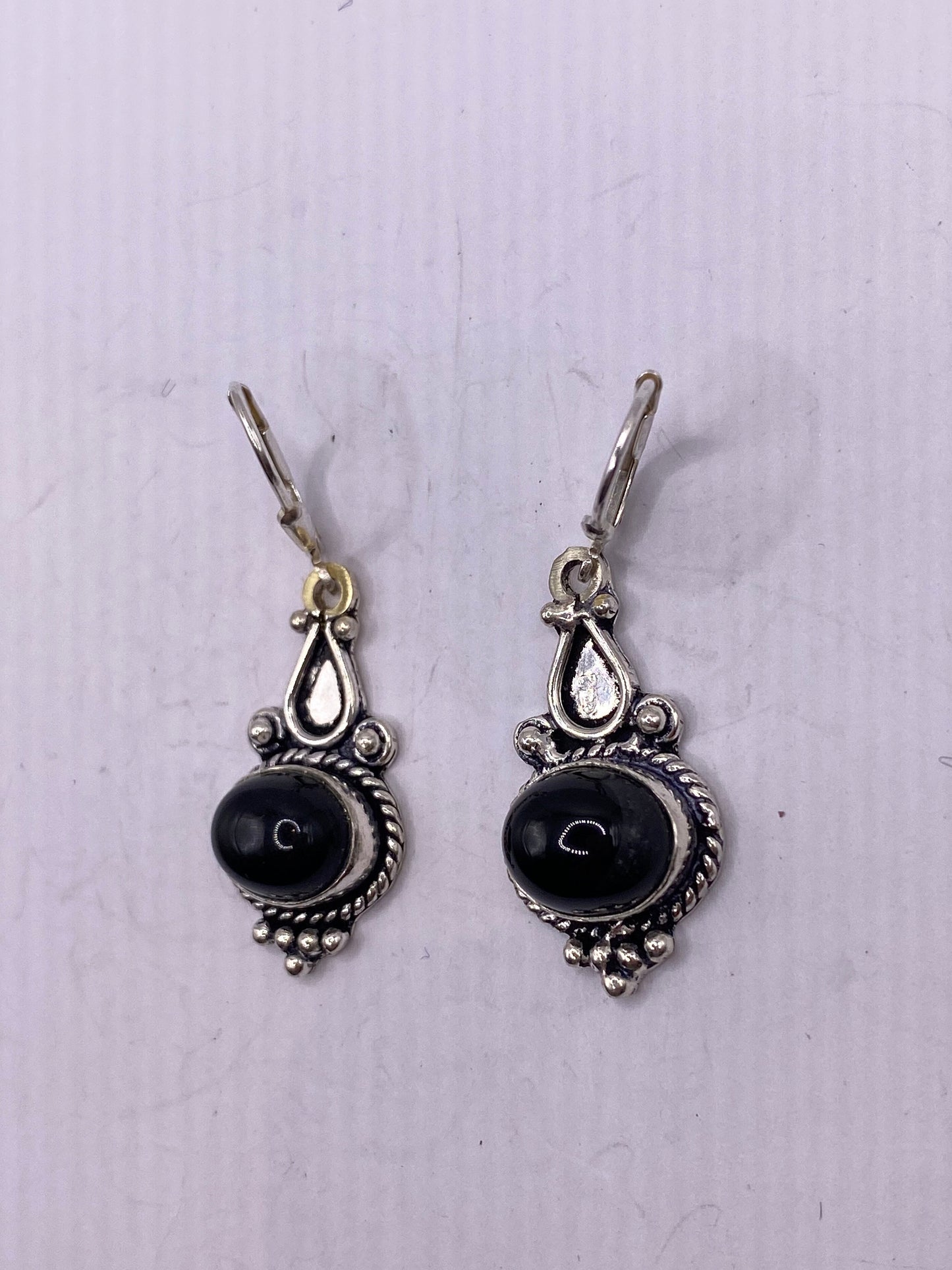 Vintage Black Earring Onyx 925 Sterling Silver Deco Dangle Chandelier
