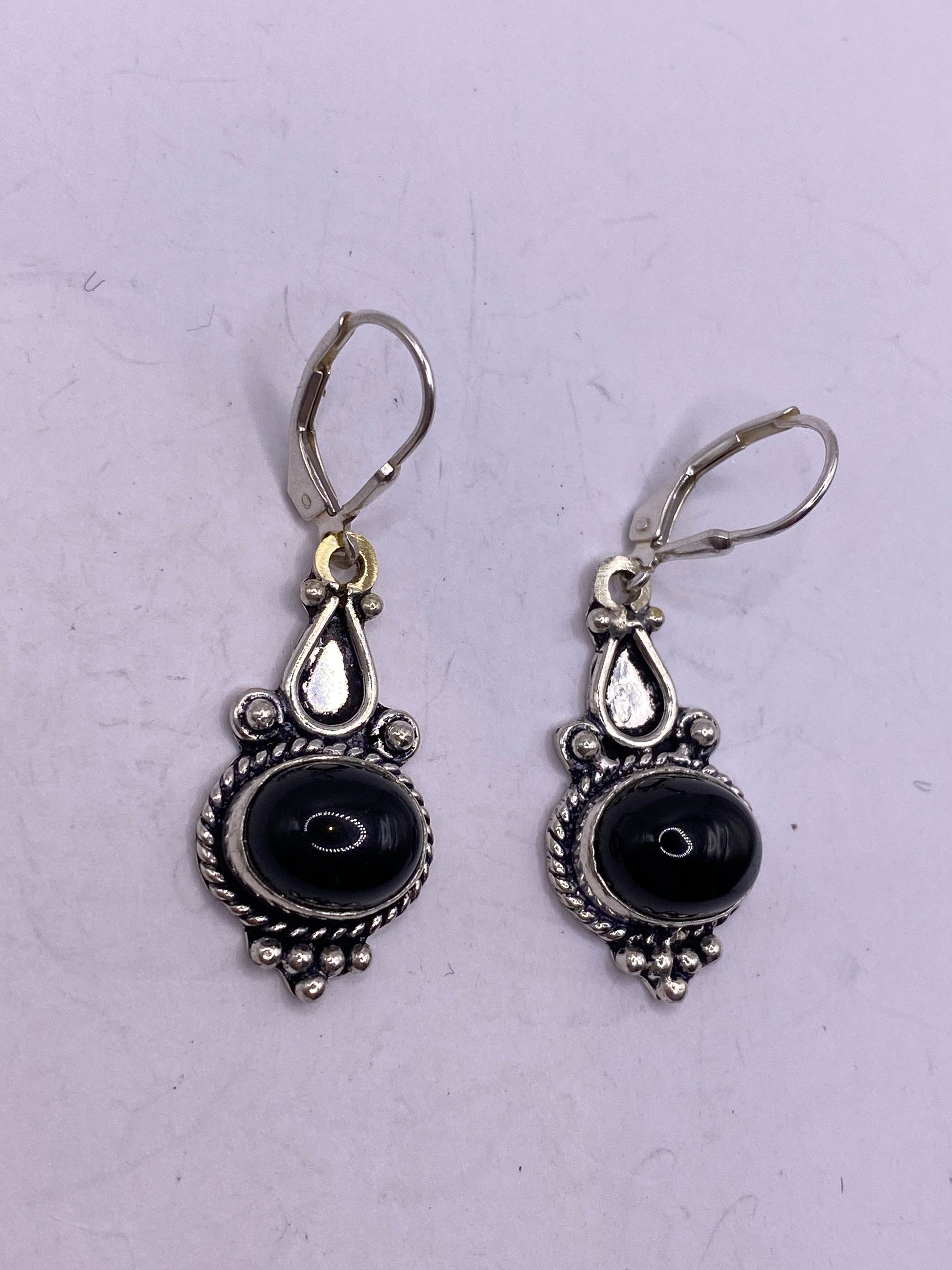 Vintage Black Earring Onyx 925 Sterling Silver Deco Dangle Chandelier
