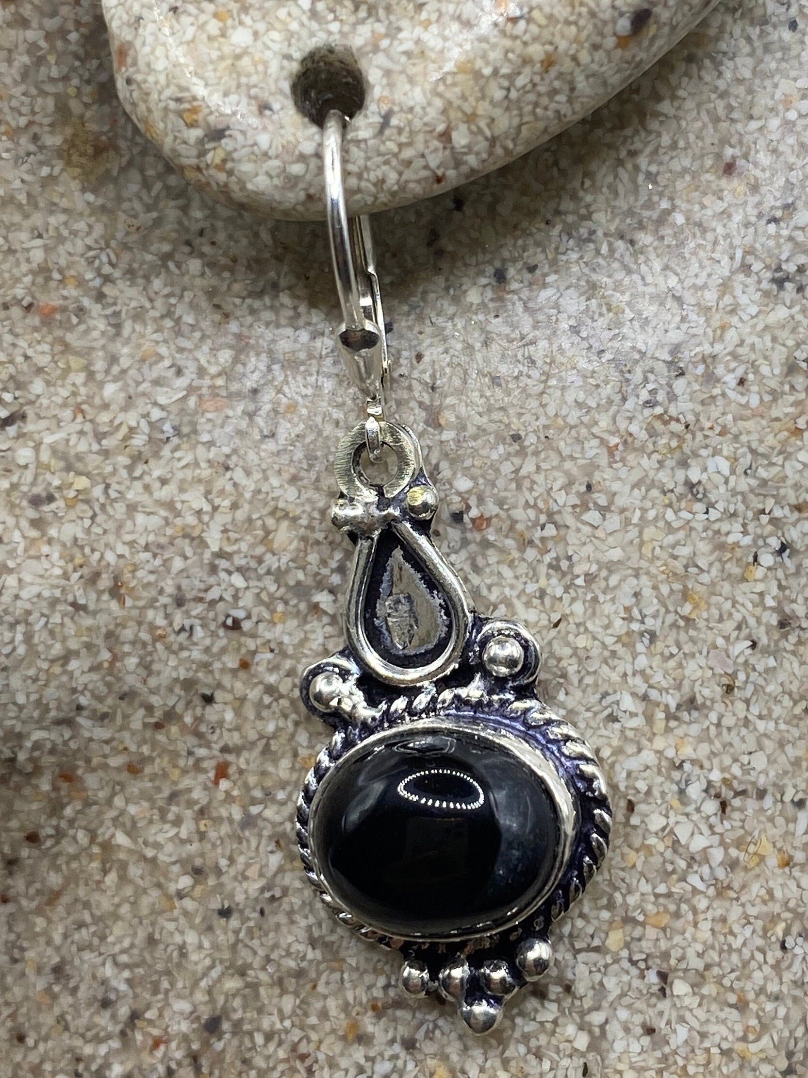 Vintage Black Earring Onyx 925 Sterling Silver Deco Dangle Chandelier