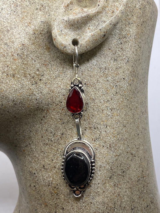 Vintage Black Earring Onyx 925 Sterling Silver Deco Dangle Chandelier