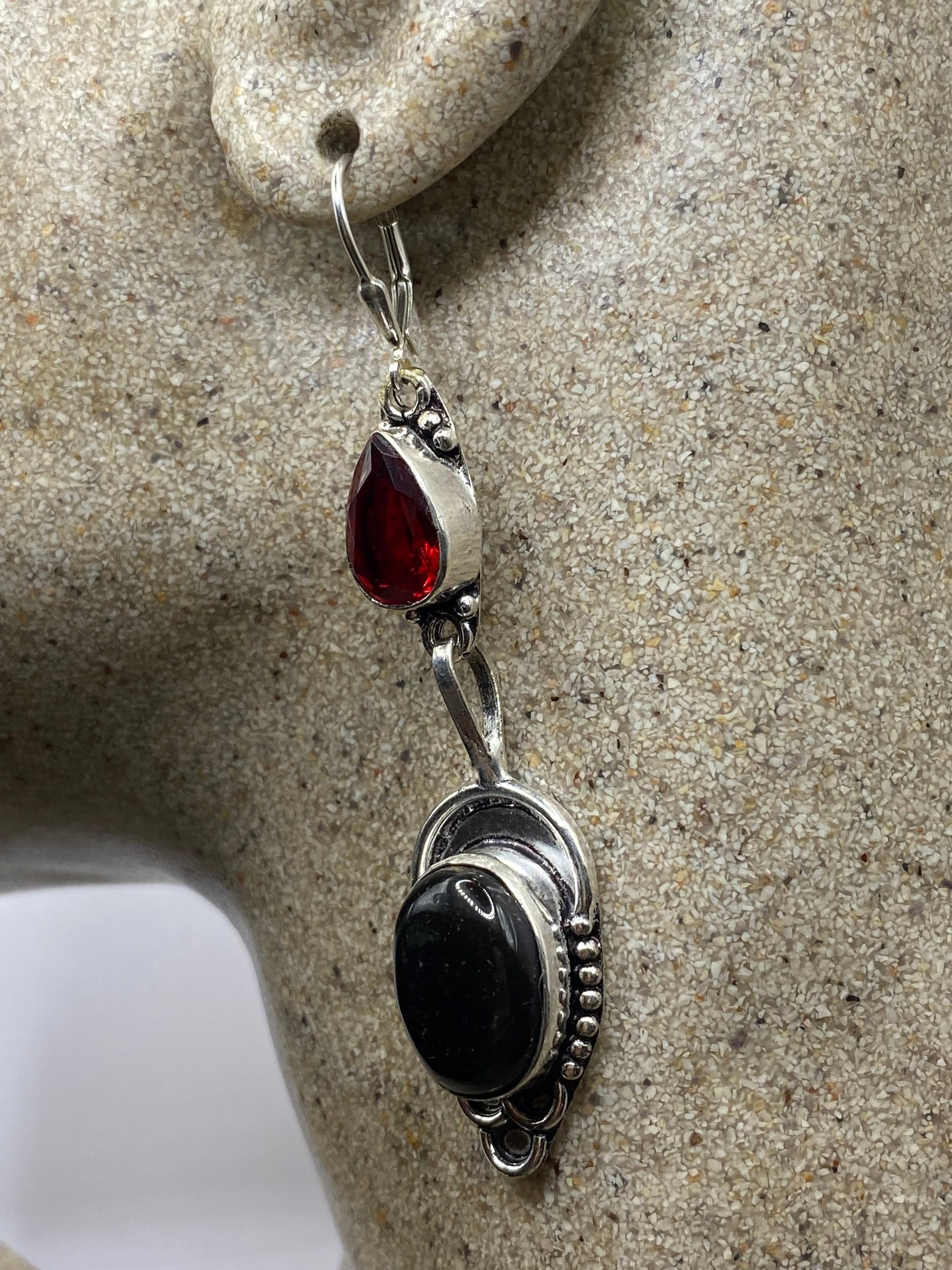 Vintage Black Earring Onyx 925 Sterling Silver Deco Dangle Chandelier