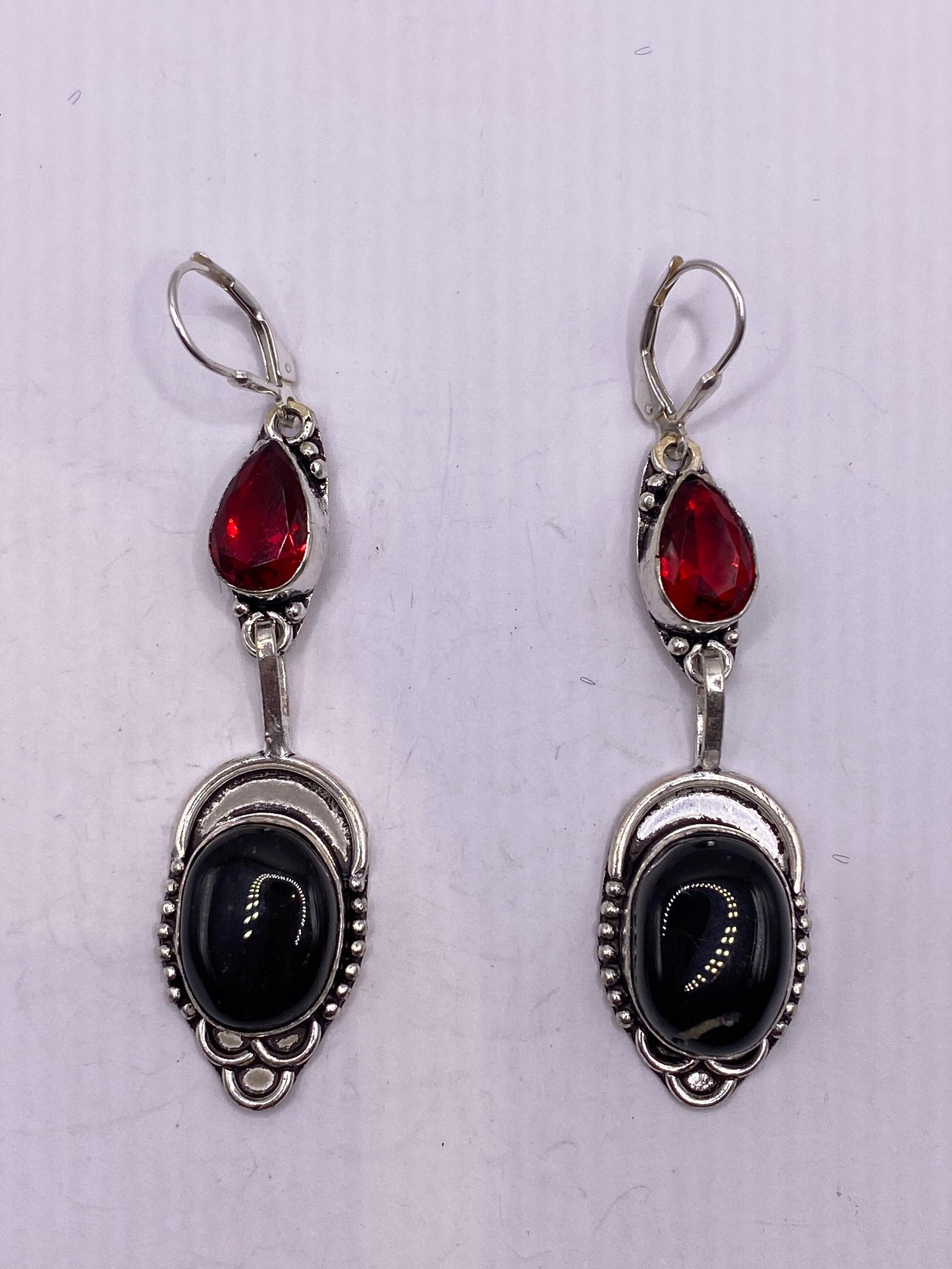 Vintage Black Earring Onyx 925 Sterling Silver Deco Dangle Chandelier