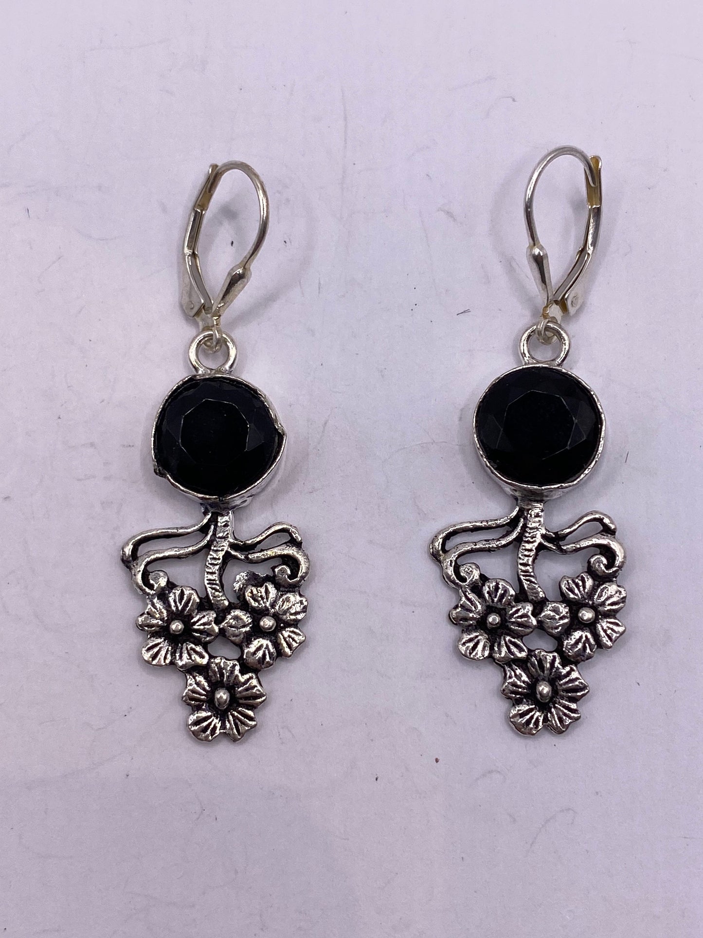 Vintage Black Earring Onyx 925 Sterling Silver Deco Dangle Chandelier