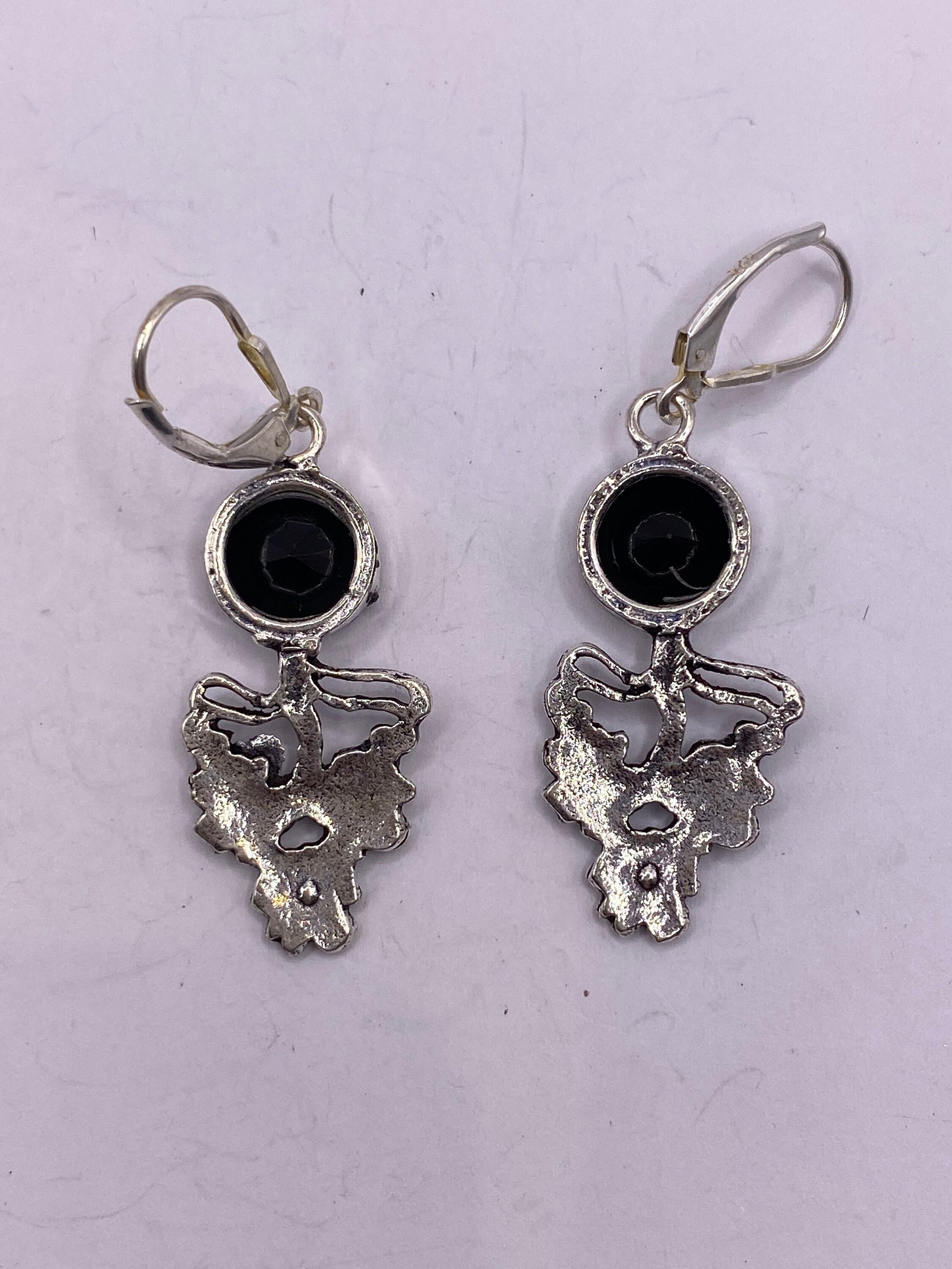 Vintage Black Earring Onyx 925 Sterling Silver Deco Dangle Chandelier