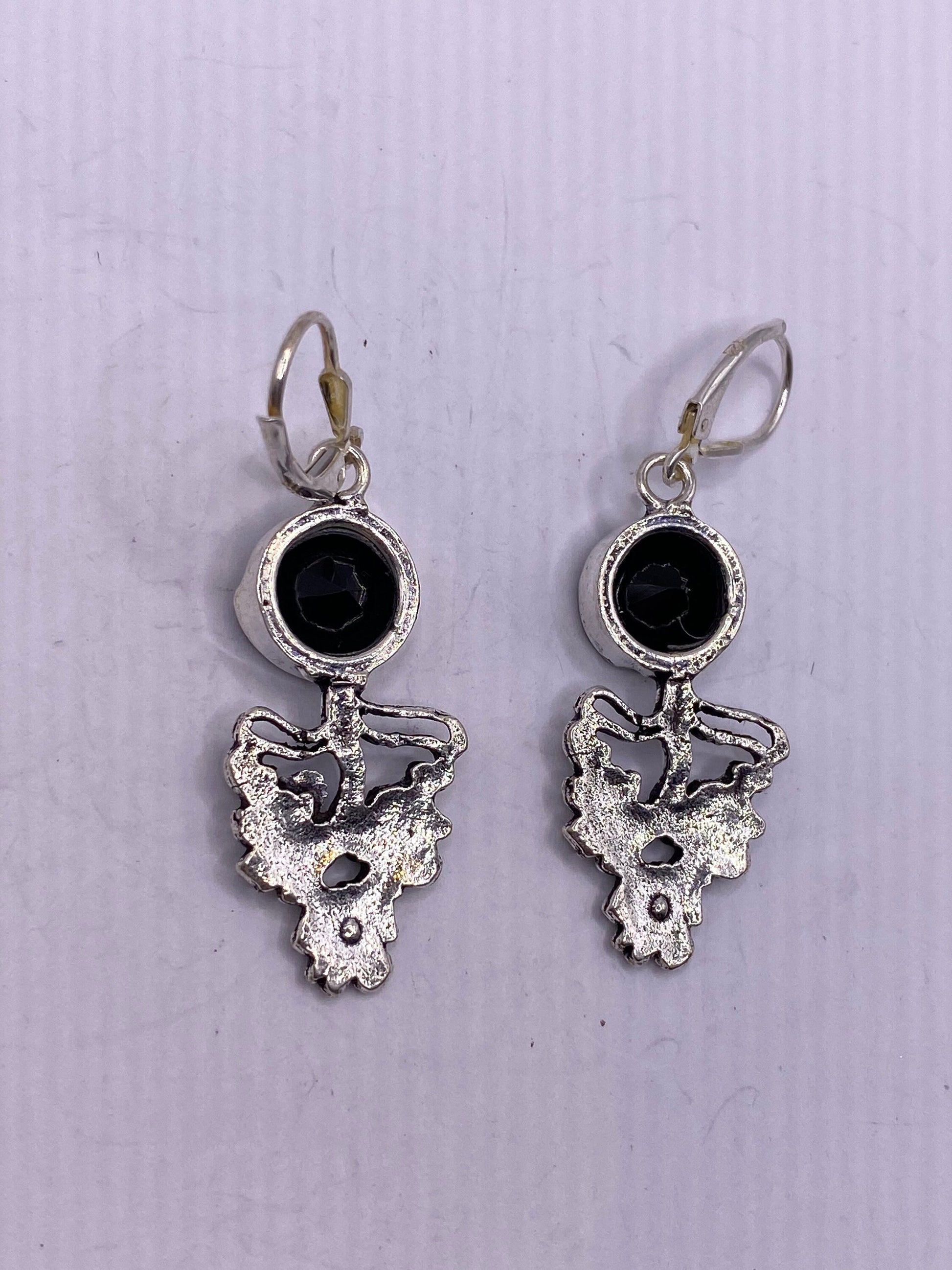 Vintage Black Earring Onyx 925 Sterling Silver Deco Dangle Chandelier