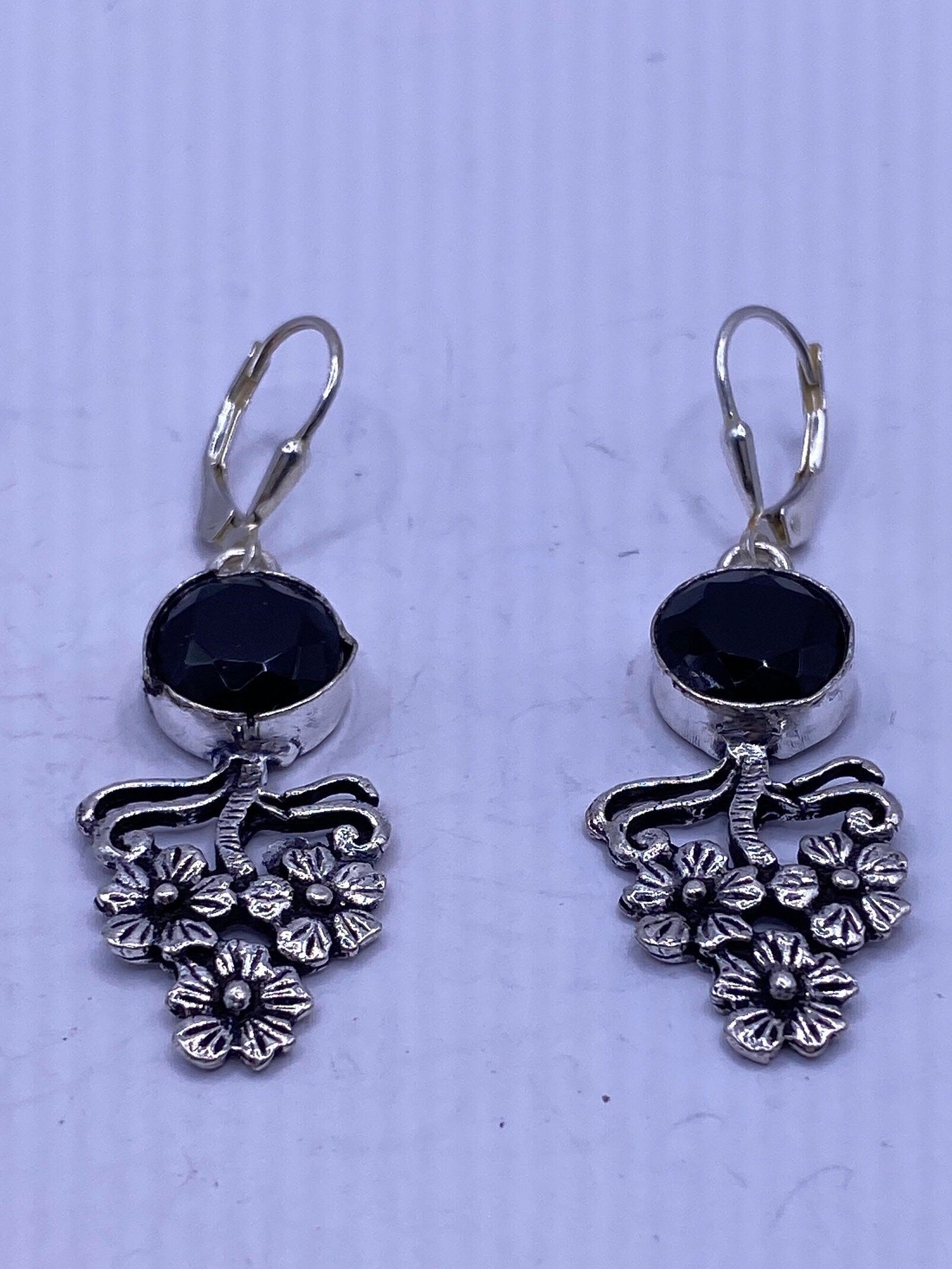 Vintage Black Earring Onyx 925 Sterling Silver Deco Dangle Chandelier